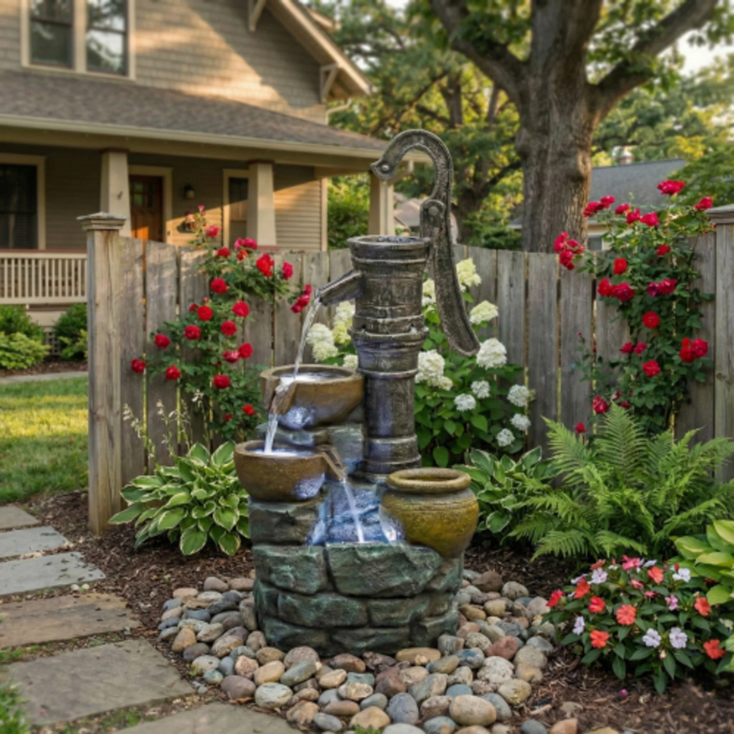 Hand Pump Water Fountain With LED Lights - Gray - Image 3
