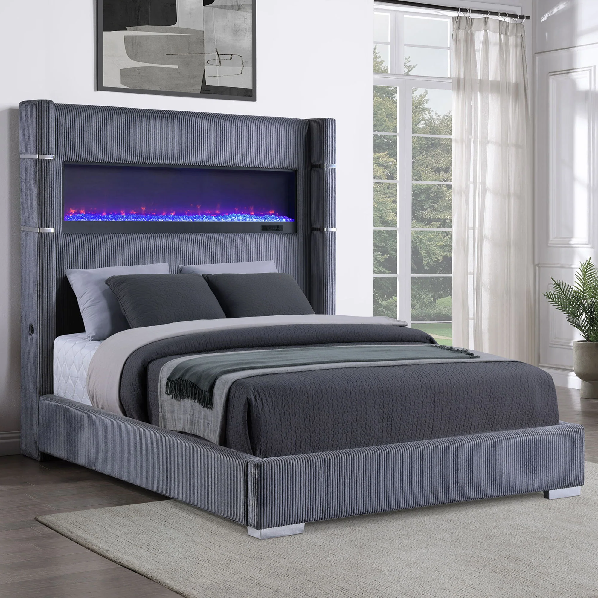 Haven - Upholstered Queen Bed With Integrated Flame Box - Gray - Image 3