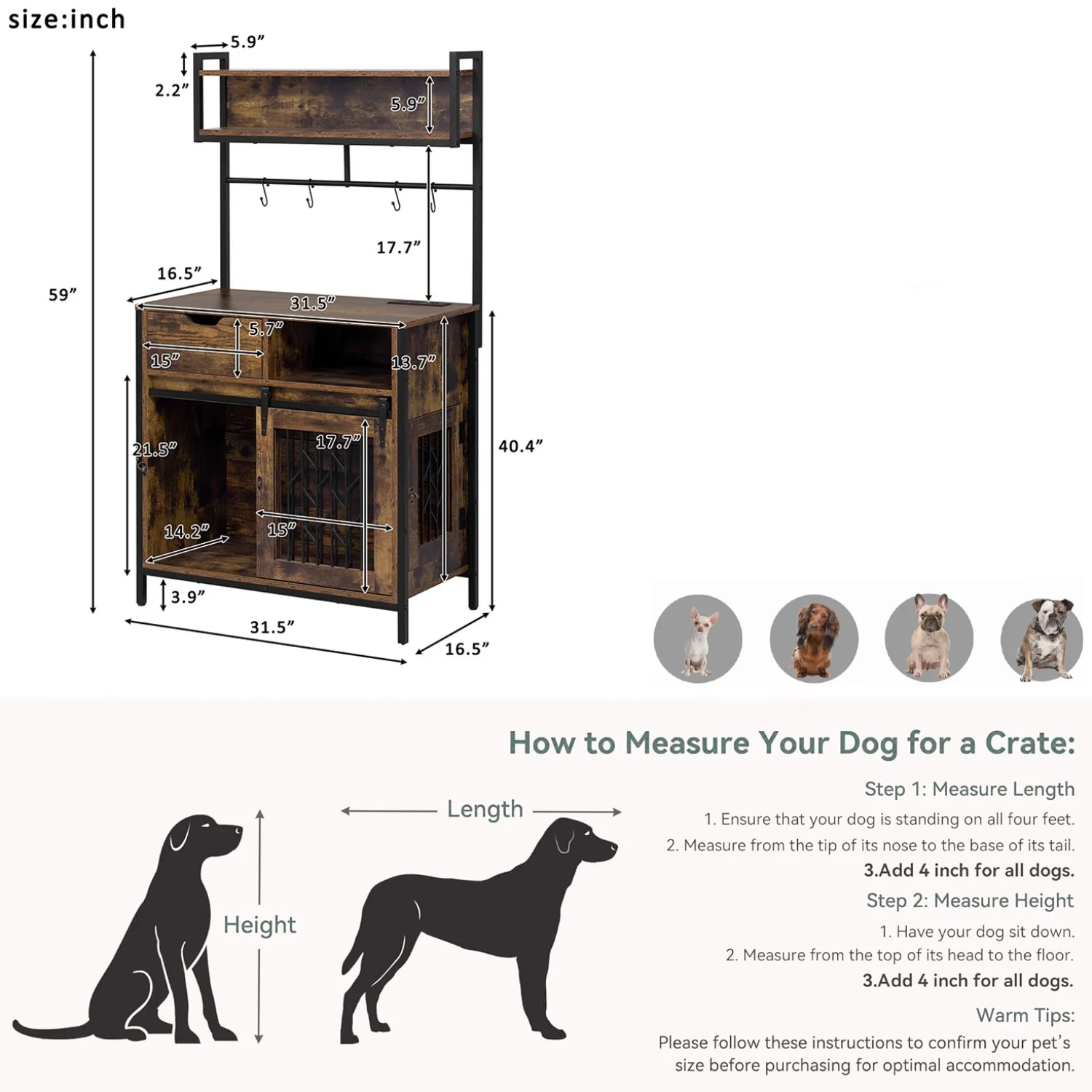 Hawthorne 59-Inch Pet-Friendly Furniture Hutch with Power Outlets and Sliding Dog Crate - Image 3
