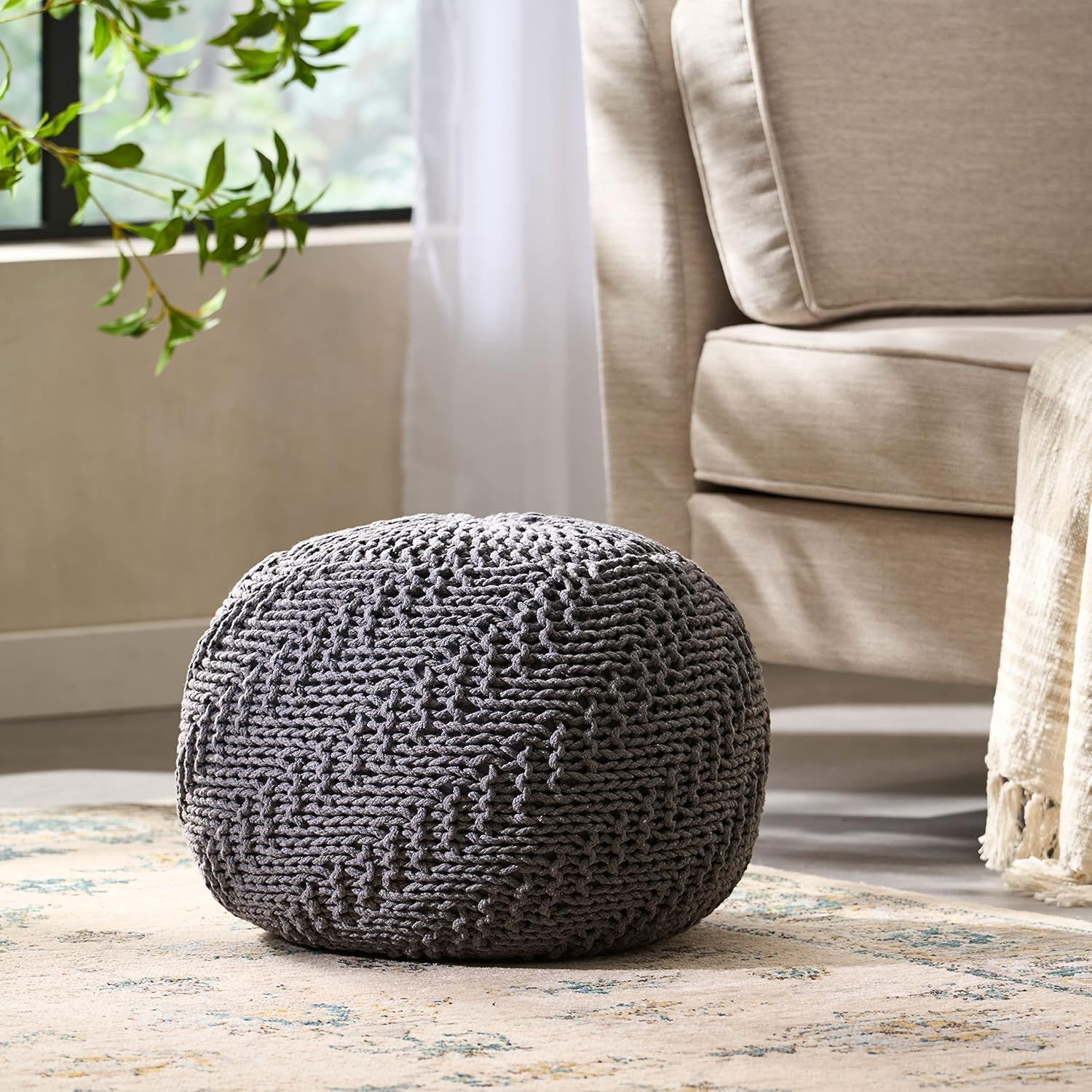Hazel - Modern Knitted Cotton Yarn Round Pouf With Eco Friendly Pet Fibers - Dark Gray - Image 2