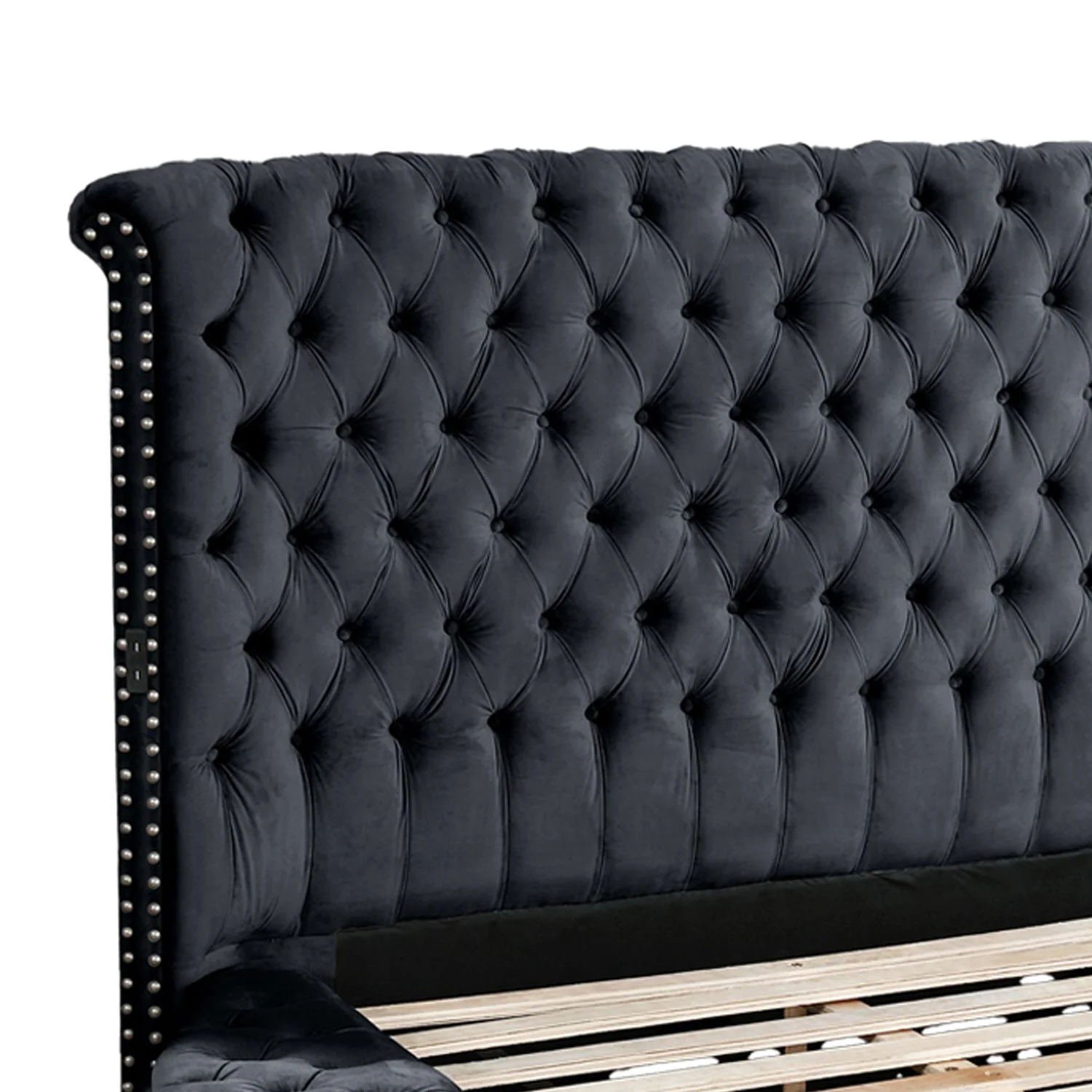 Hazel - Queen Size Tufted Storage Bed & Bluetooth Speakers, USB Port - Black - Image 3