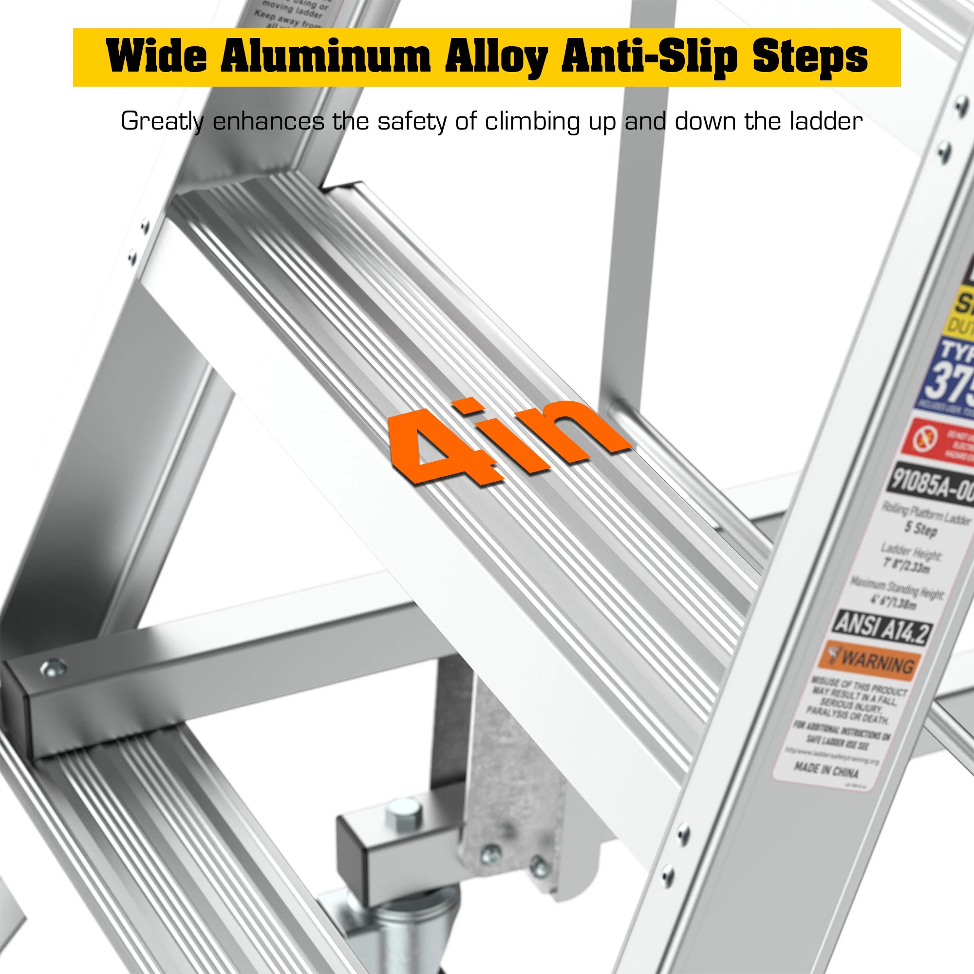 Heavy Duty Aluminum Rolling Platform Ladder With Steps, 375Lbs Capacity - Image 5