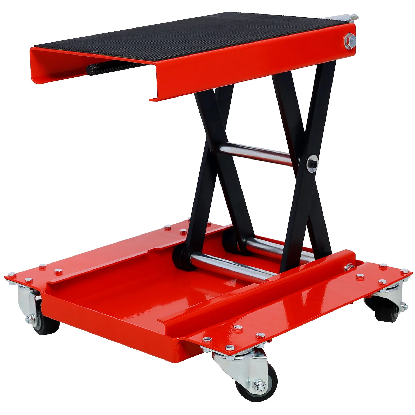 Heavy Duty Motorcycle Lift Jack With Dolly Tray And Wide Deck - Red - Image 7