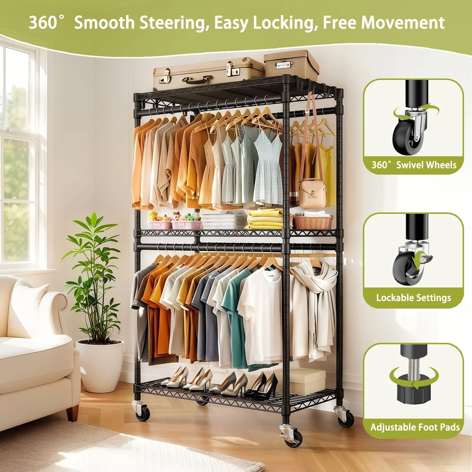 Heavy Duty Rolling Clothes Rack With 3 Tier Shelves, 2 Rails & Side Hooks, Adjustable Freestanding Organizer Metal - Black - Image 6