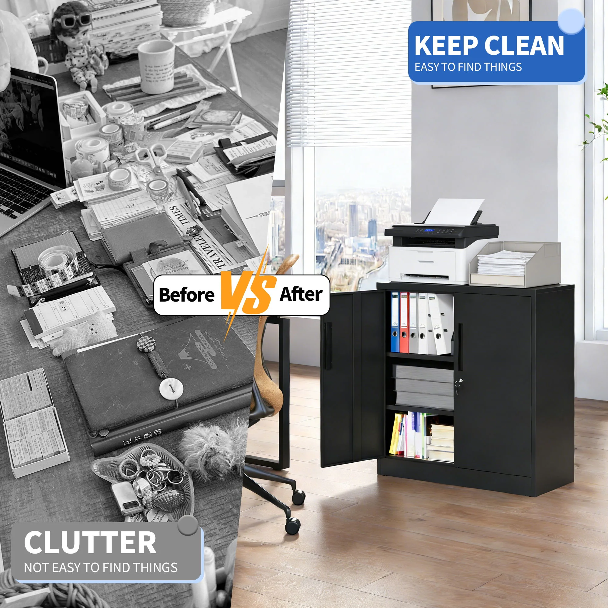Heavy Duty Storage Cabinet With Lock, 2 Door File Cabinet With 2 Adjustable Shelves - Black - Image 2