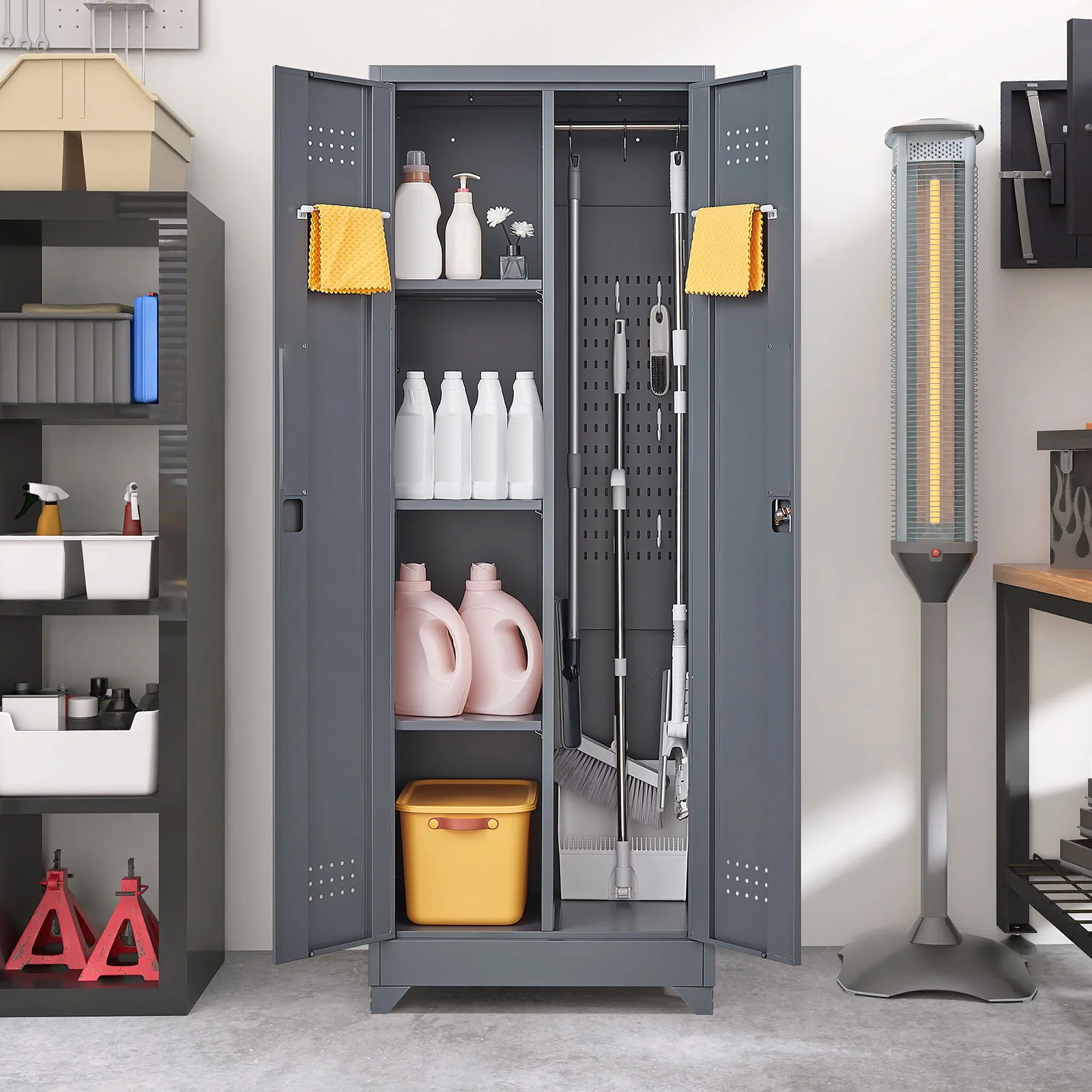 Heavy Duty Storage Cabinet With Locking Doors, Hanging Rod & Shelves, Broom Closet - Gray - Image 3