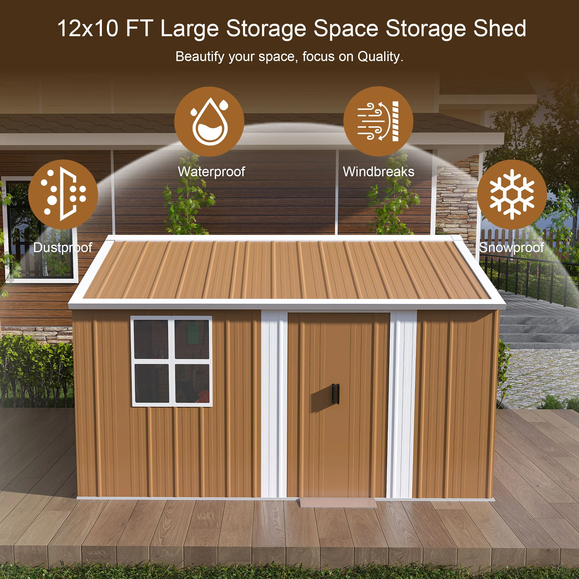 Heavy Duty Storage Shed Garden Building Weatherproof Galvanized Iron Light Brown - Image 17
