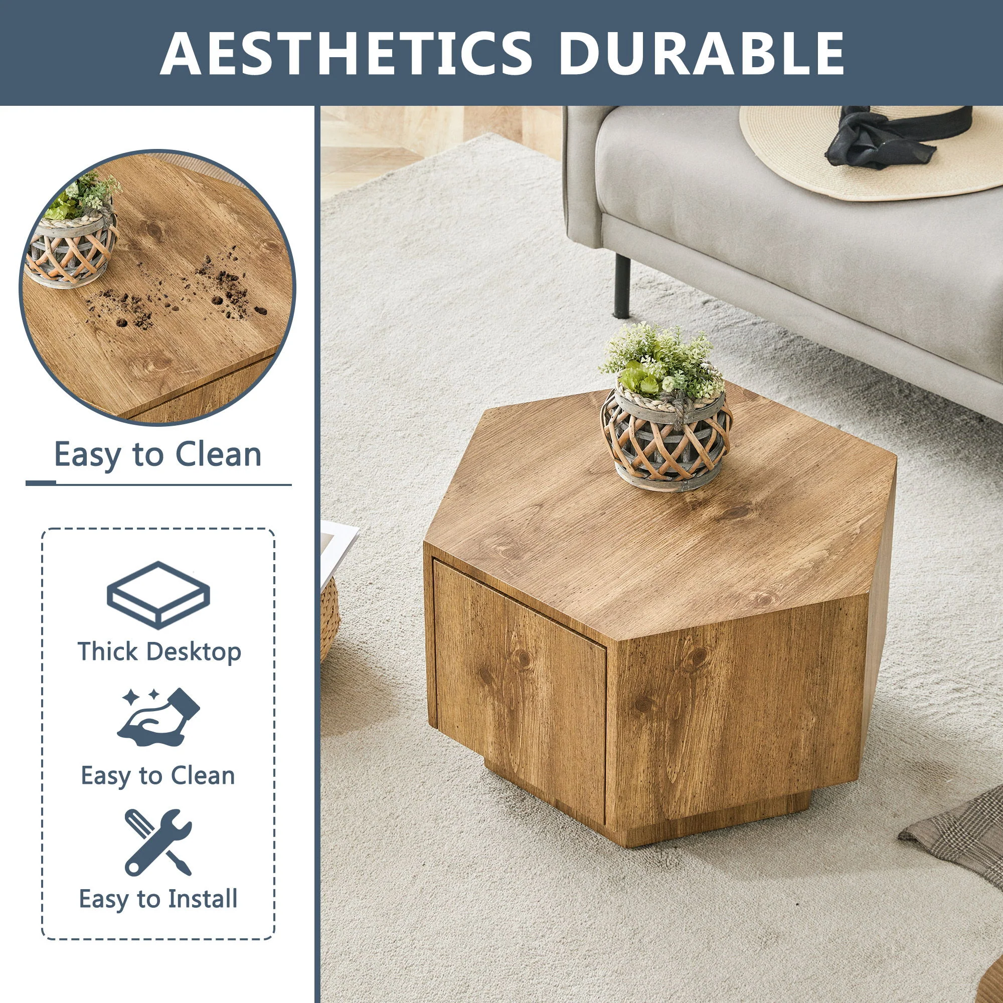 Hexagonal Coffee Table With Drawers - Wood - Image 8