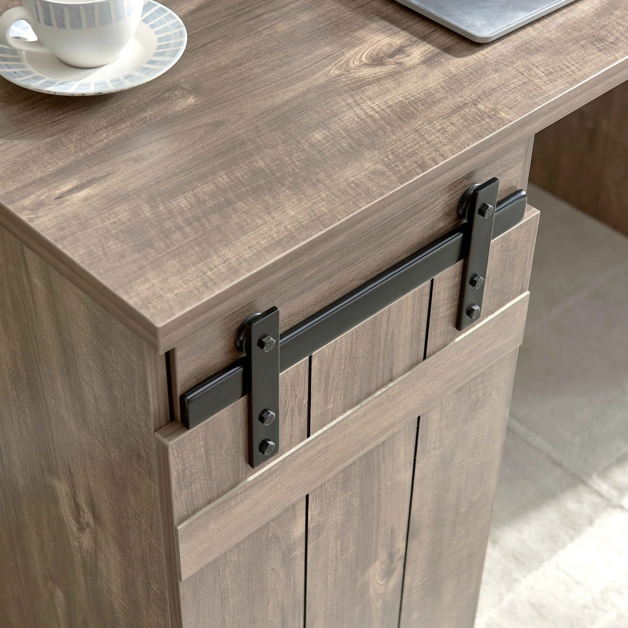Home Office Desk Hazelnut One Cabinet Three Shelves Faux Barn Door On Metal Euro Hinges Modesty Panel - Light Brown - Image 7
