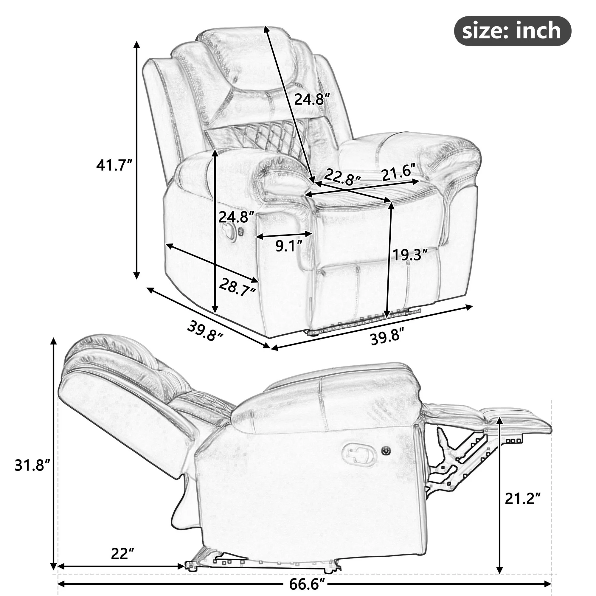 Home Theater Seating Manual Recliner Chair, Led Light Strip For Living Room - Black - Image 3
