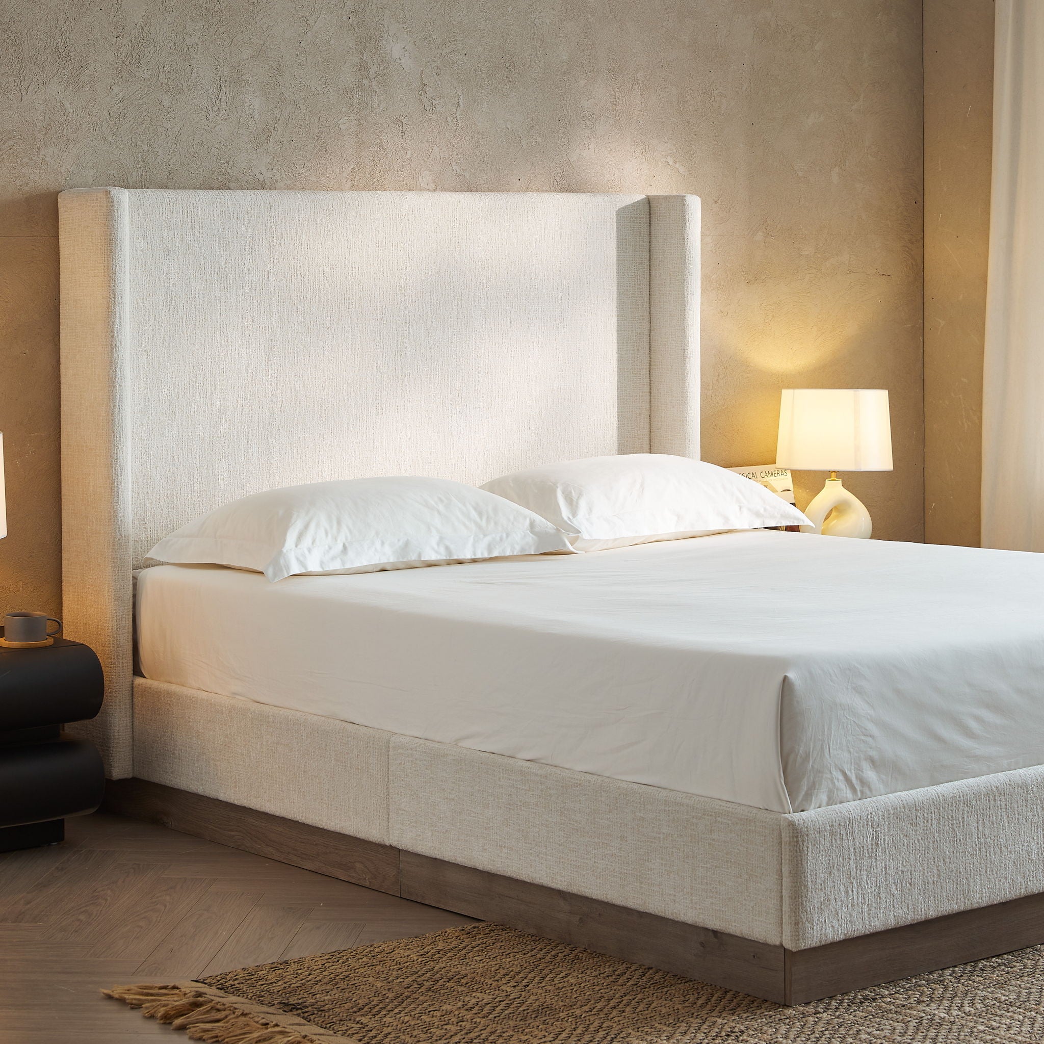 Hosford - Minimalist Upholstered Wingback Bed With Wood Base Platform - Image 23