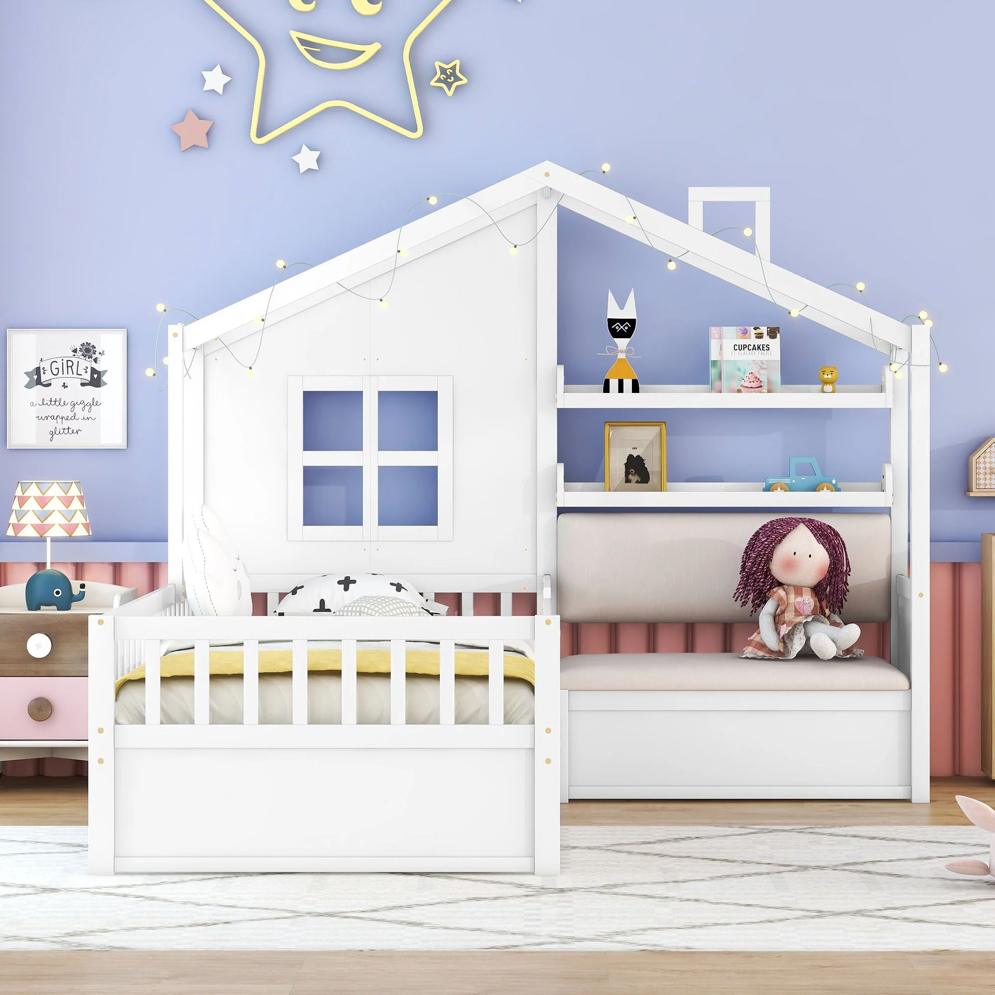 House Bed With Sofa, Kids Platform Bed With 2 Drawers And Storage Shelf - Image 9
