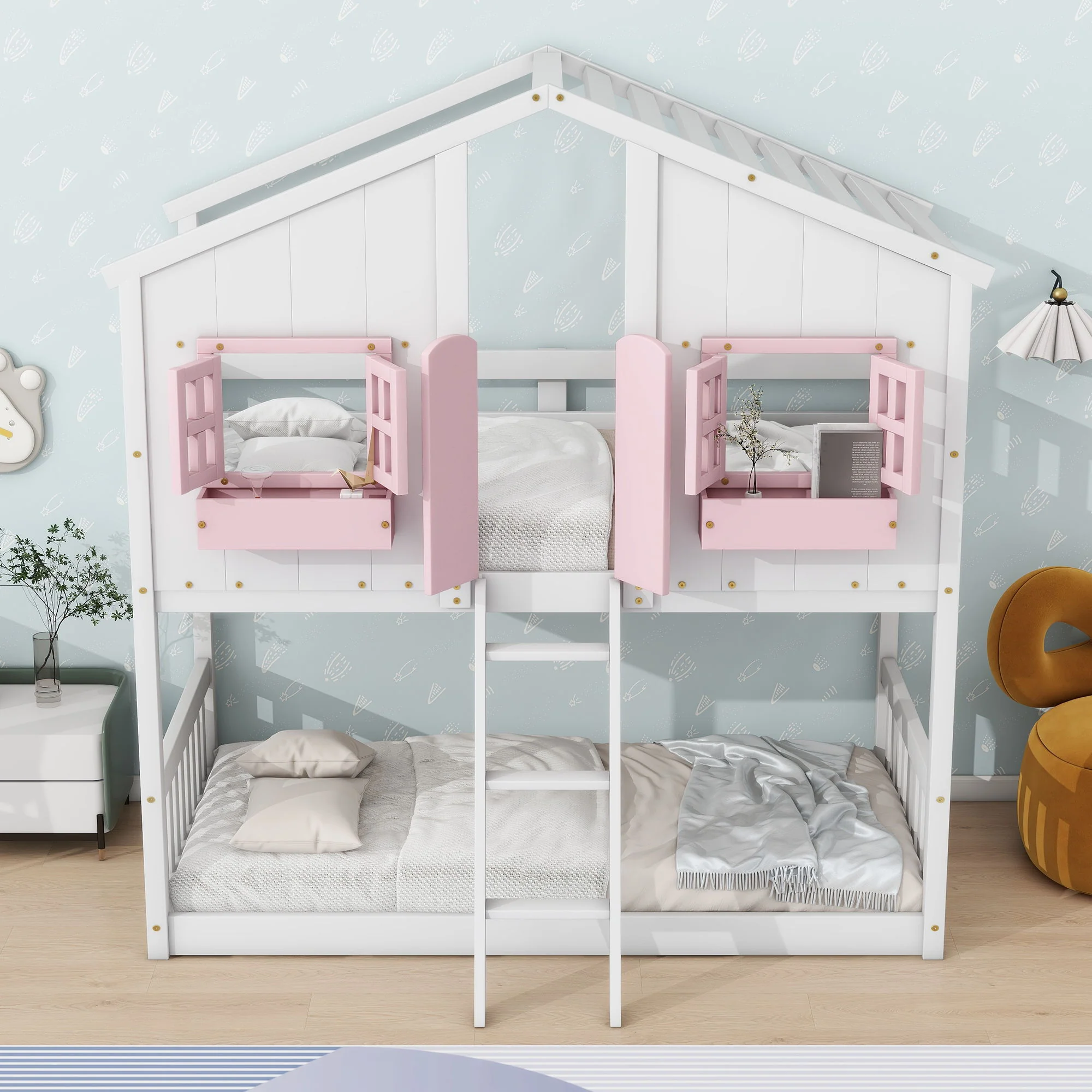 House Bunk Bed With Roof, Window, Window Box, Door, With Safety Guardrails And Ladder - Image 17