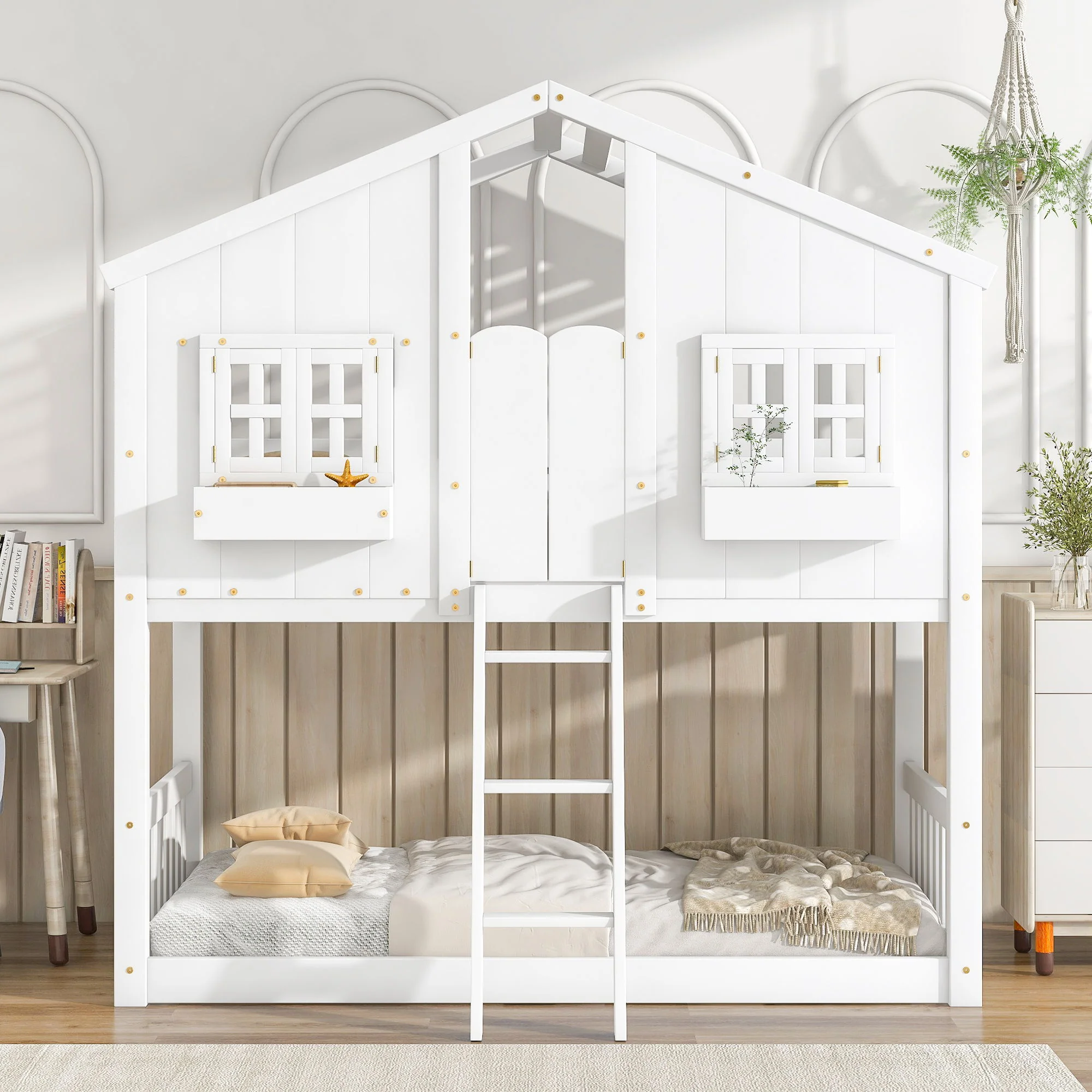 House Bunk Bed With Roof, Window, Window Box, Door, With Safety Guardrails And Ladder - Image 23