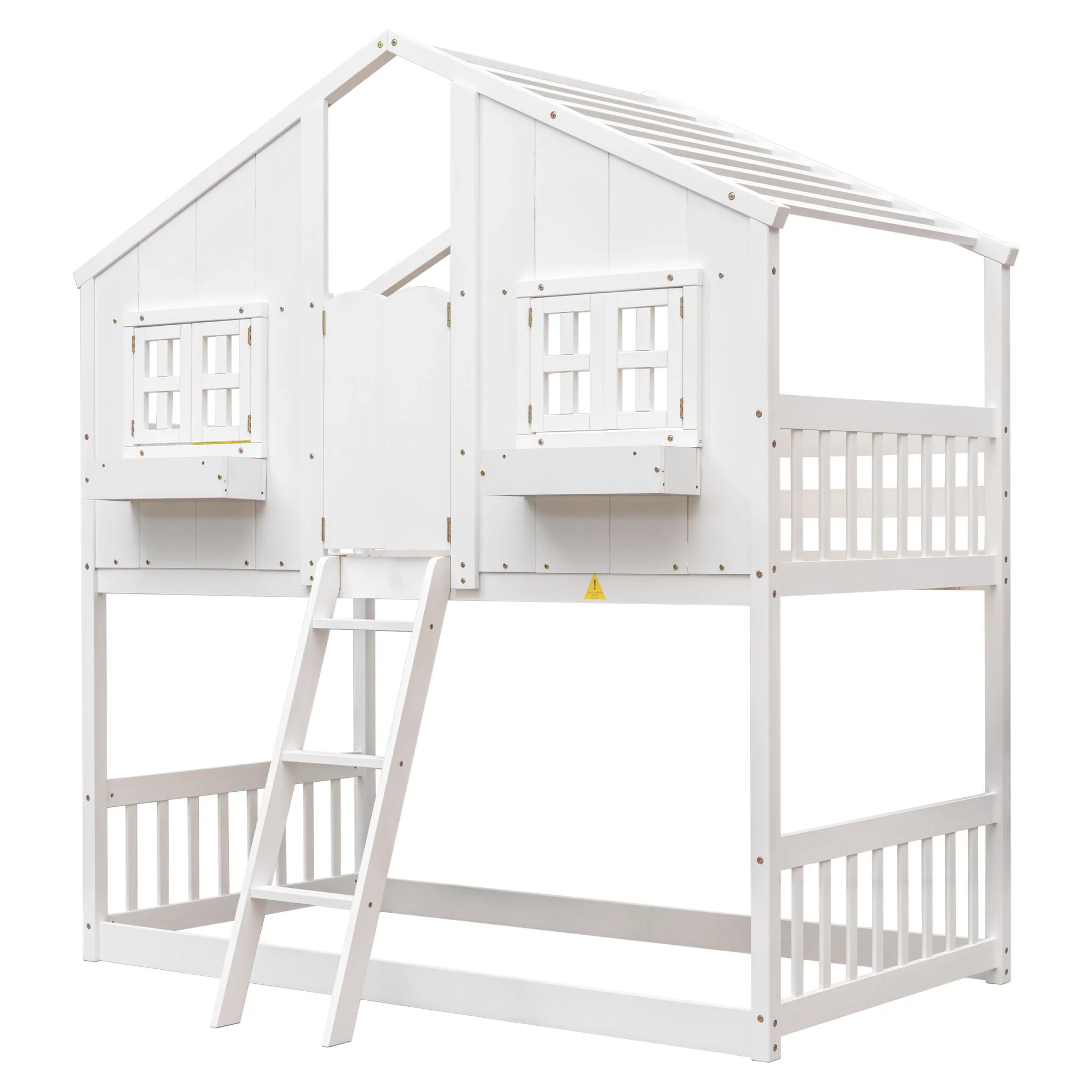 House Bunk Bed With Roof, Window, Window Box, Door, With Safety Guardrails And Ladder - Image 4