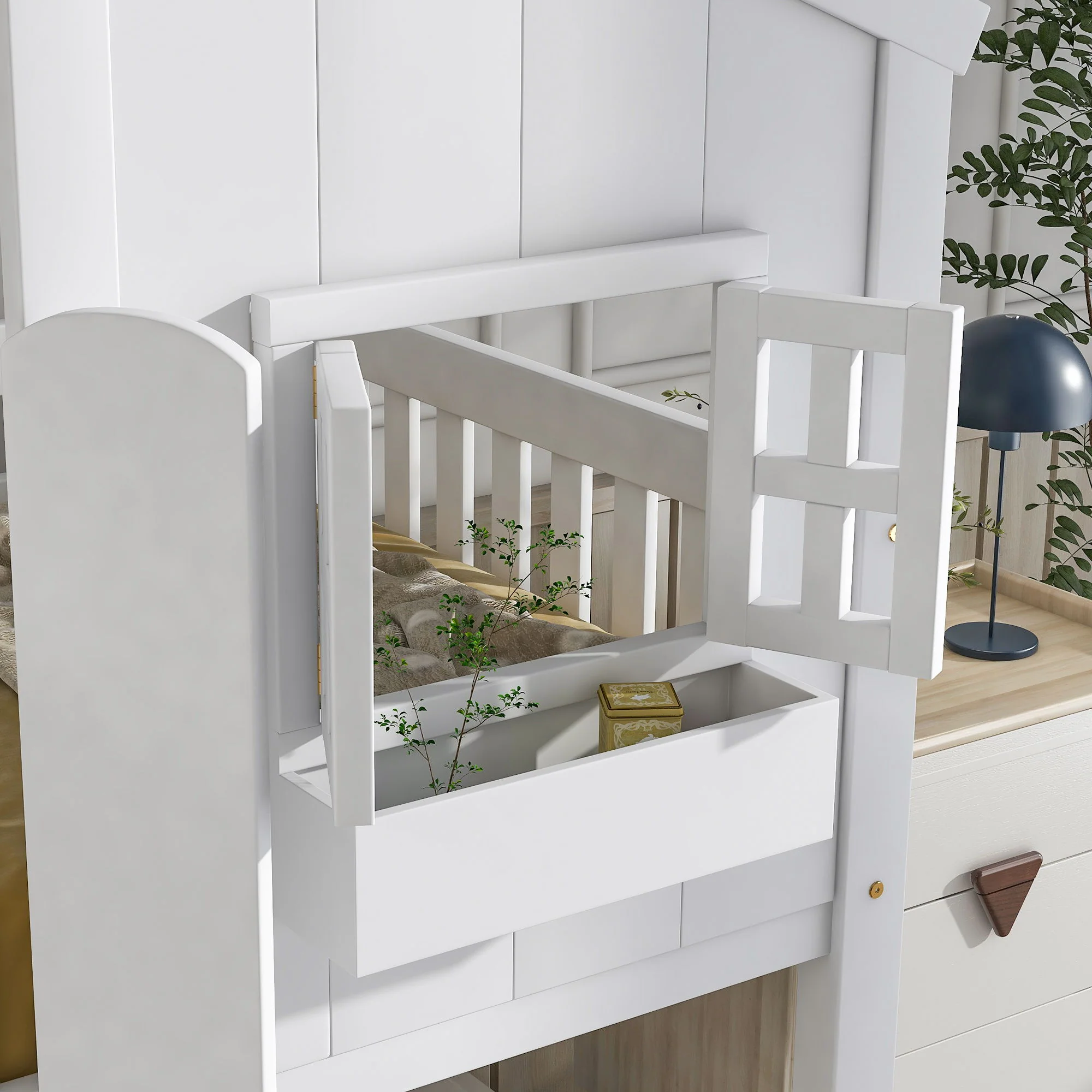 House Bunk Bed With Roof, Window, Window Box, Door, With Safety Guardrails And Ladder - Image 6
