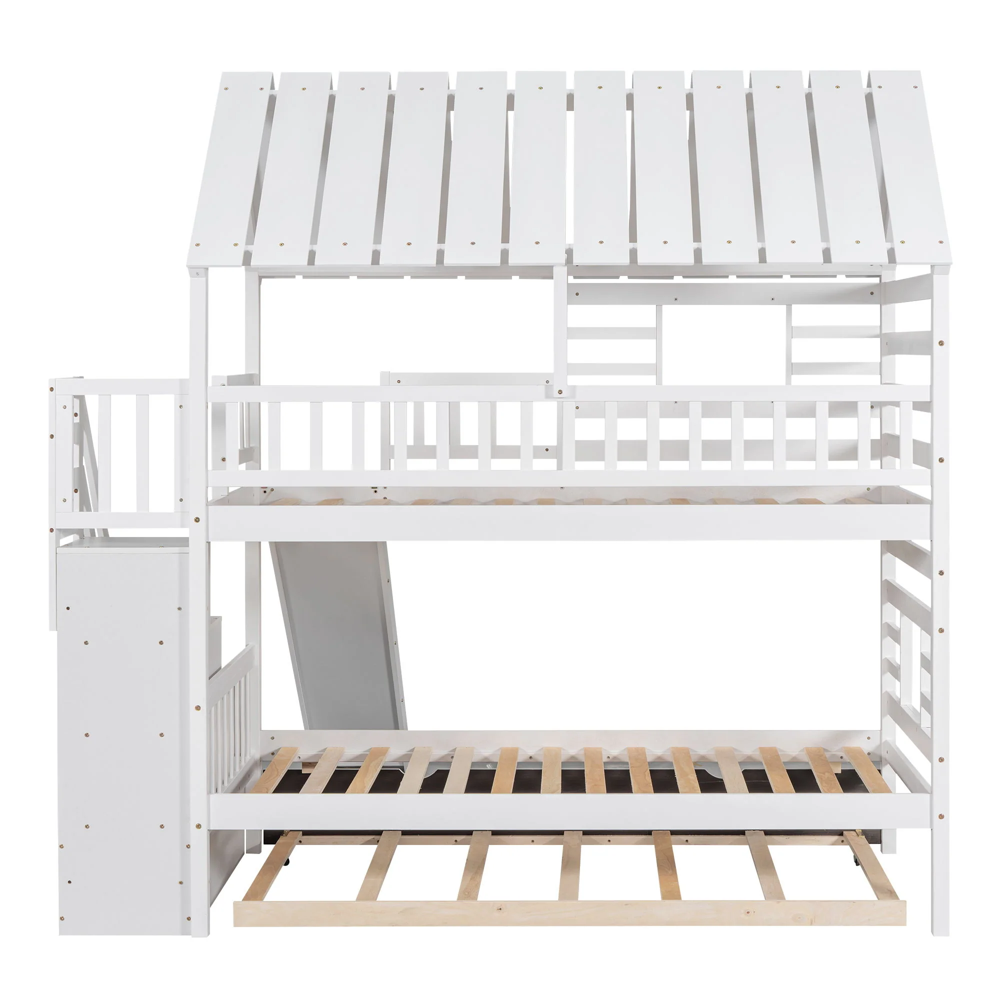 House Bunk Bed With Trundle, Storage Staircase, Roof And Window Design - Image 17