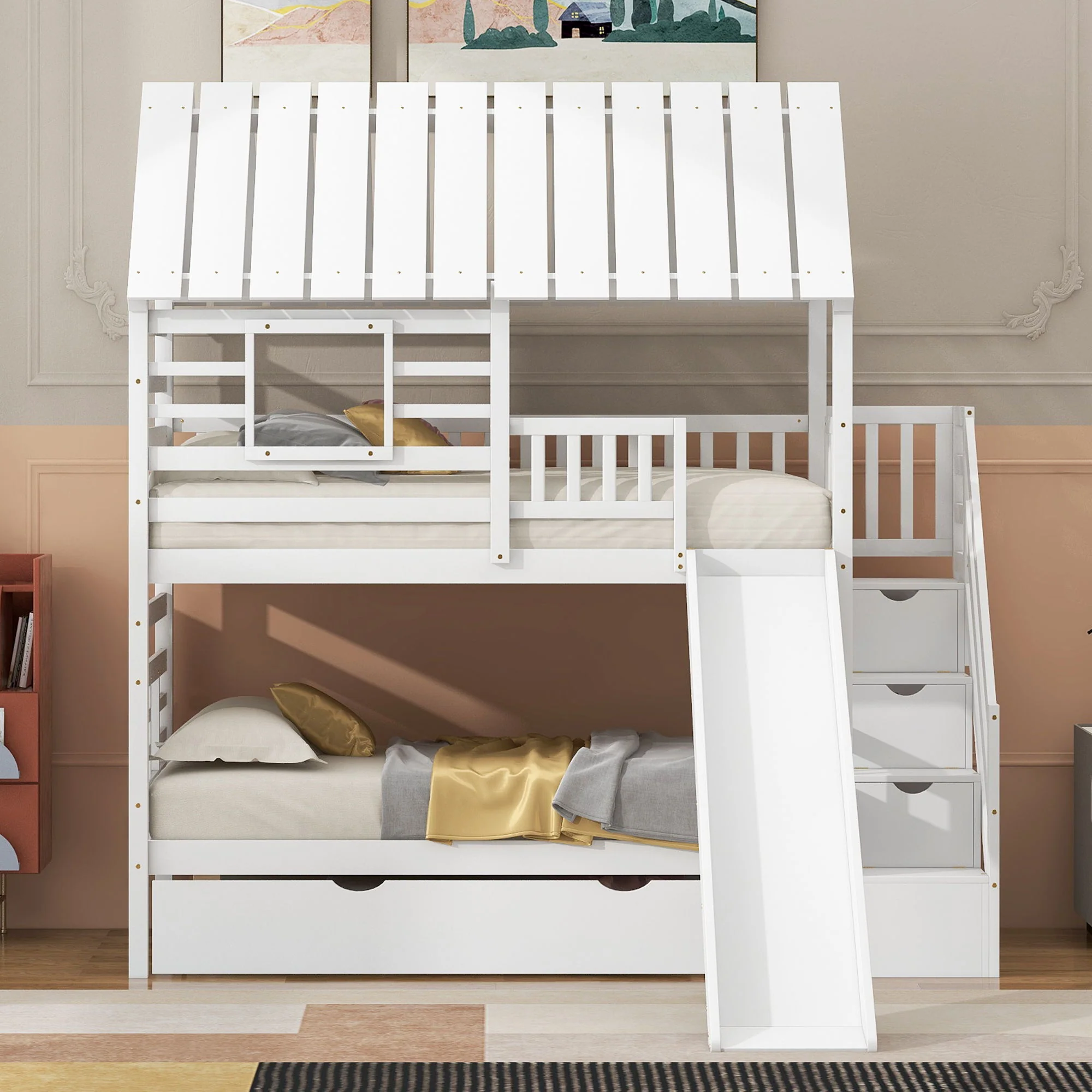 House Bunk Bed With Trundle, Storage Staircase, Roof And Window Design - Image 5