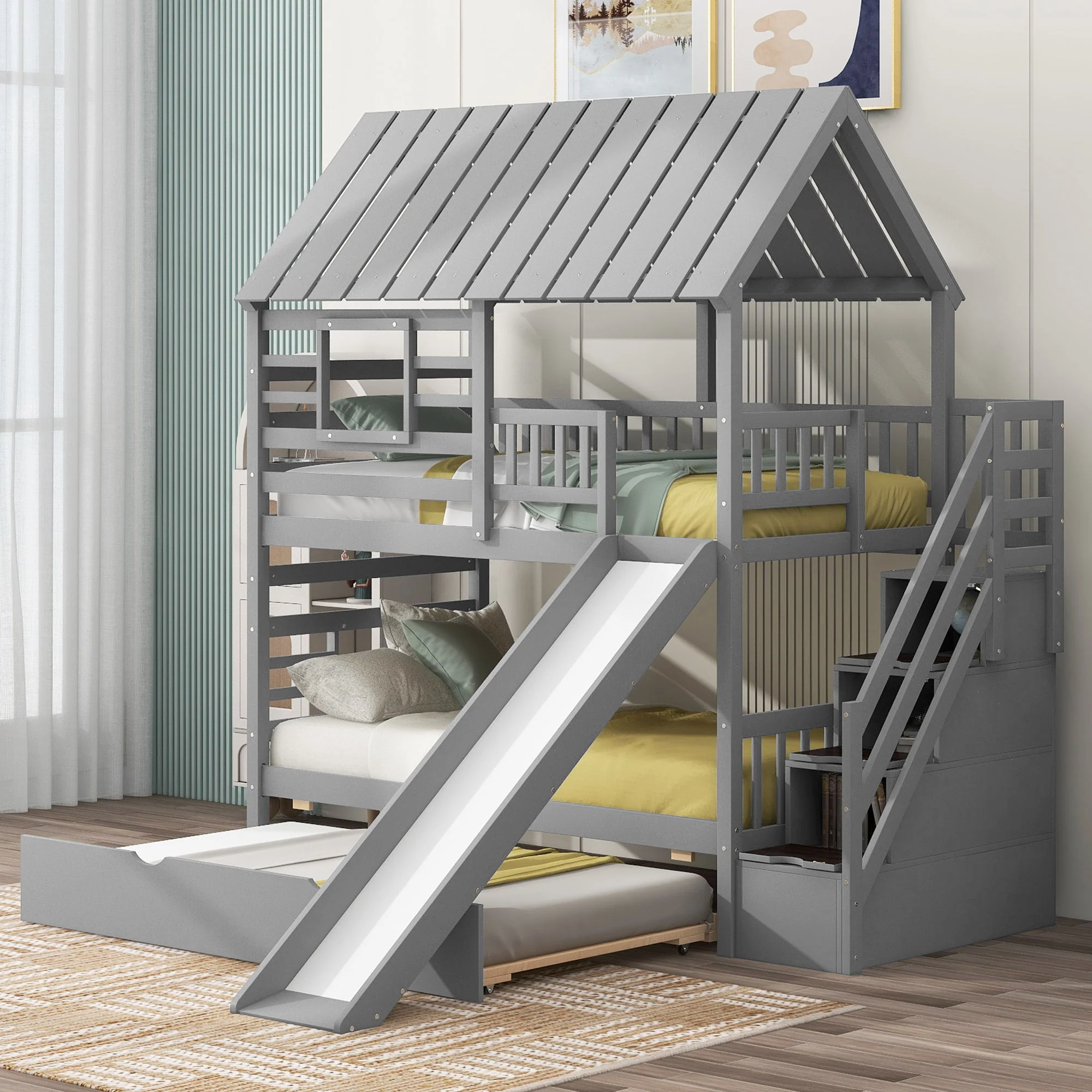 House Bunk Bed With Trundle, Storage Staircase, Roof And Window Design - Image 9