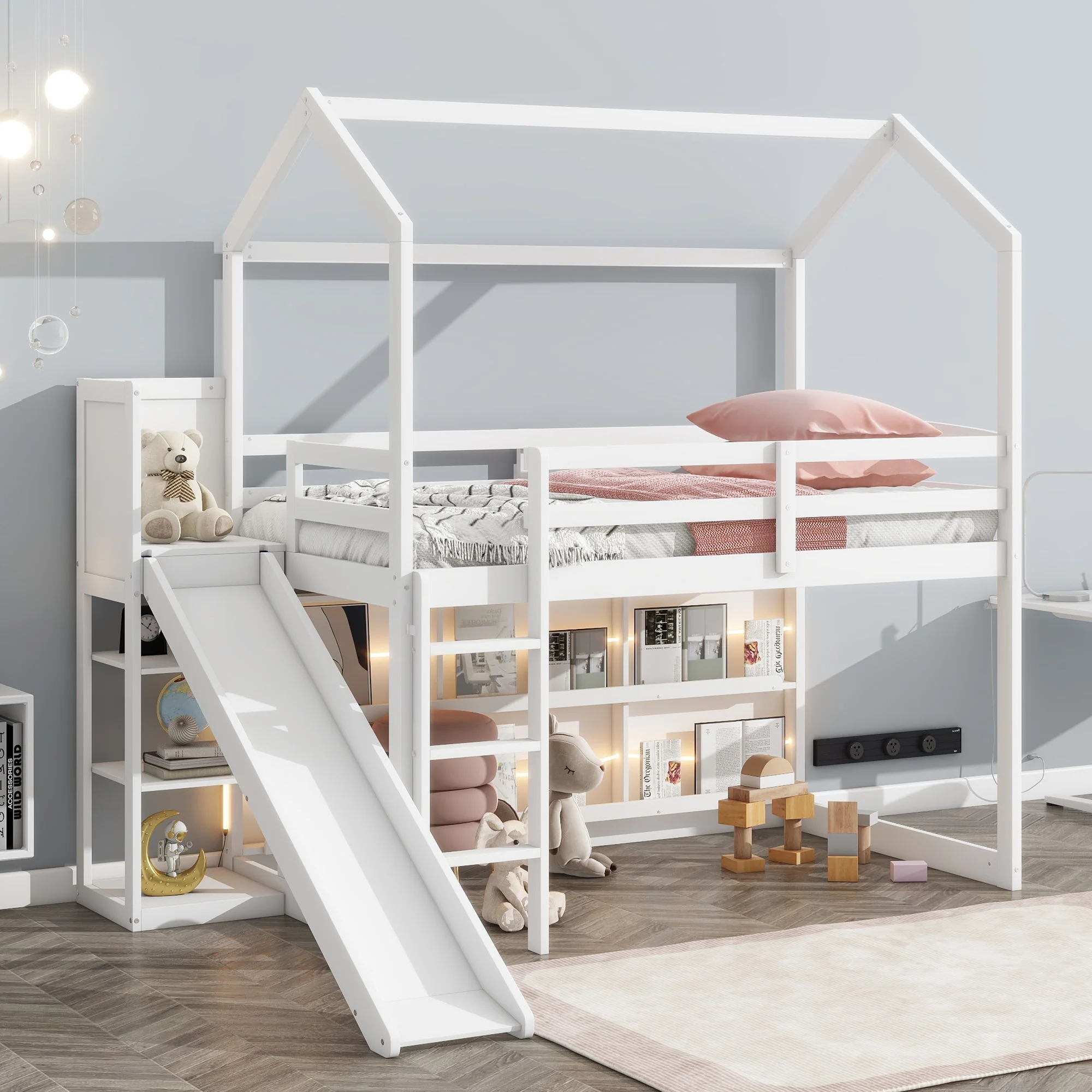House Loft Bed With Slide, Storage Shelves And Light, Climbing Ramp - Image 11