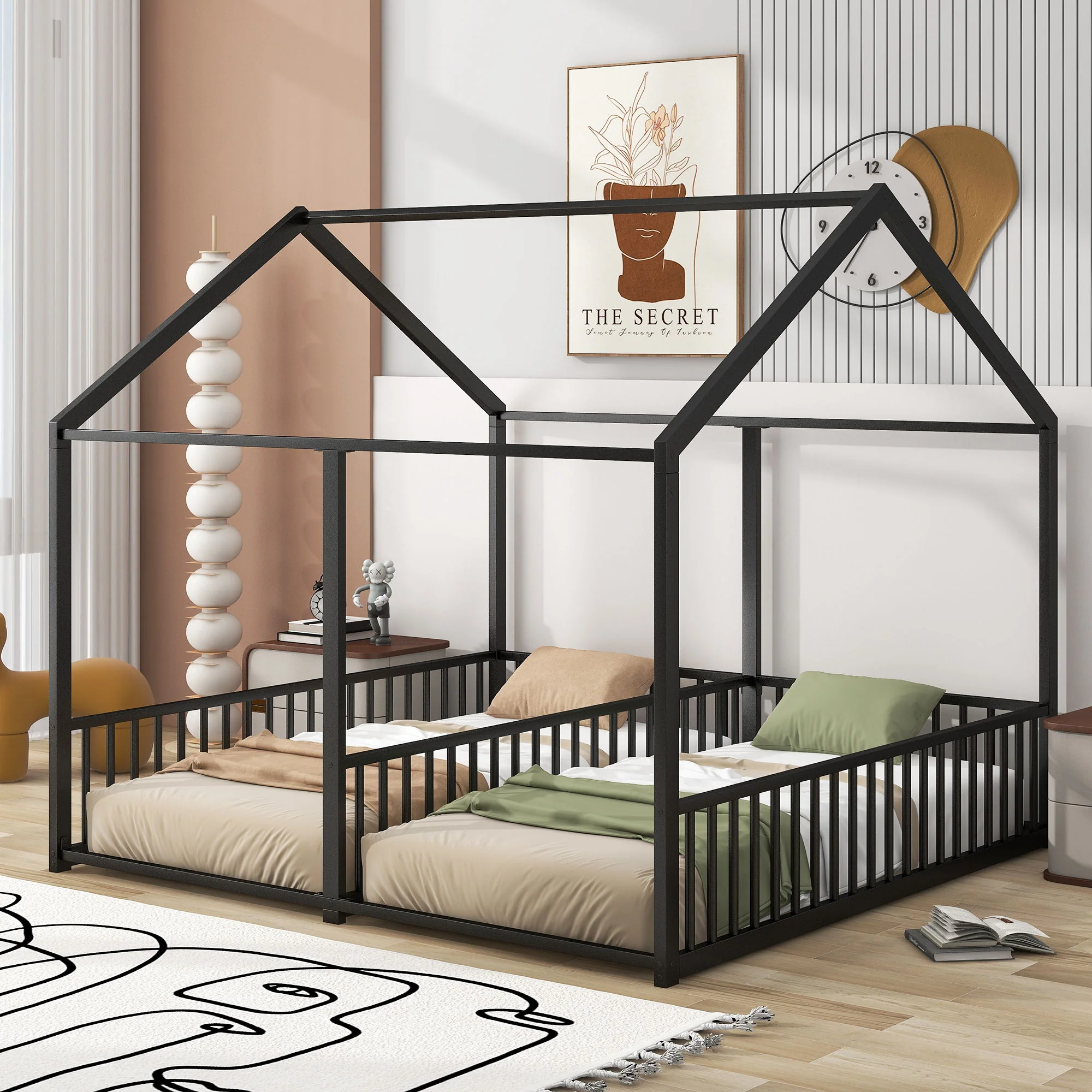 House Platform Beds, 2 Shared Beds, Metal Frame With Guardrails - Image 17