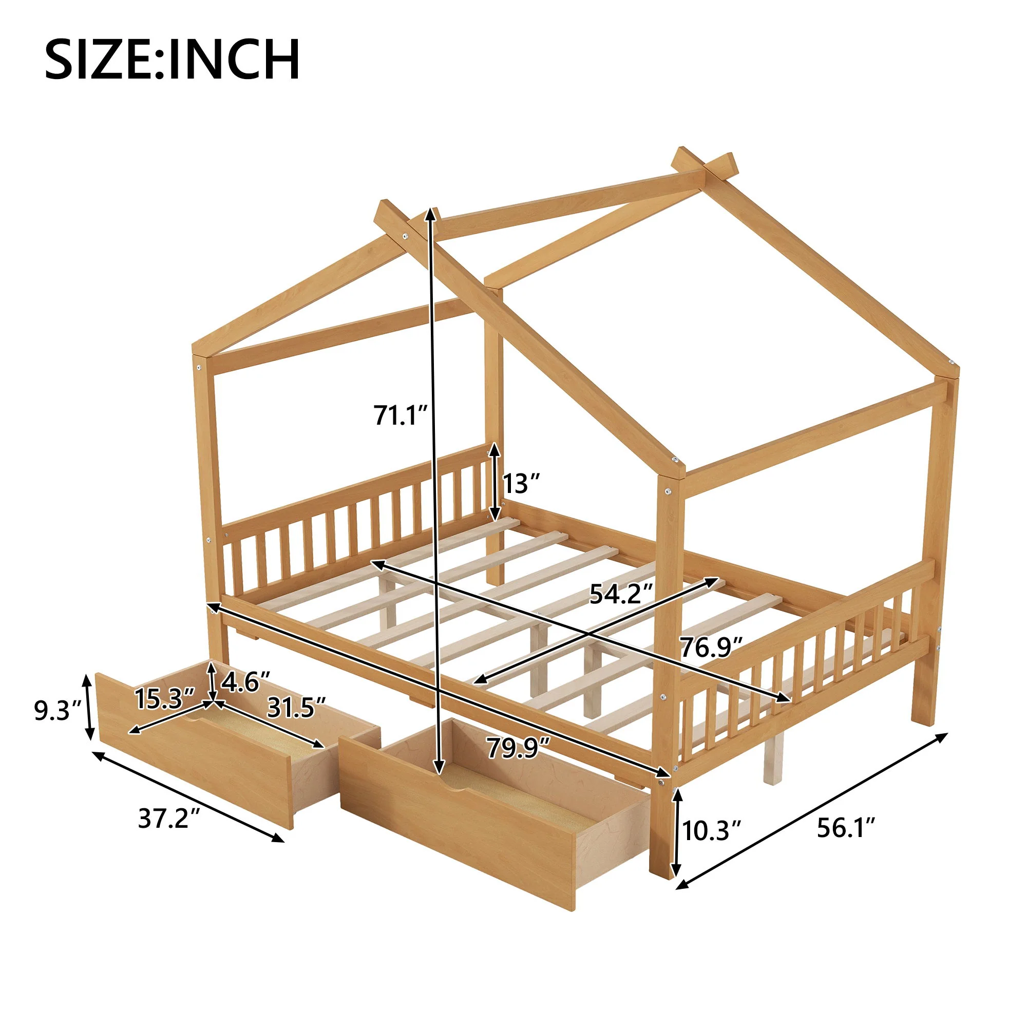 House Style Platform Bed With Headboard, Footboard, 2 Drawers, And Roof Design - Image 17
