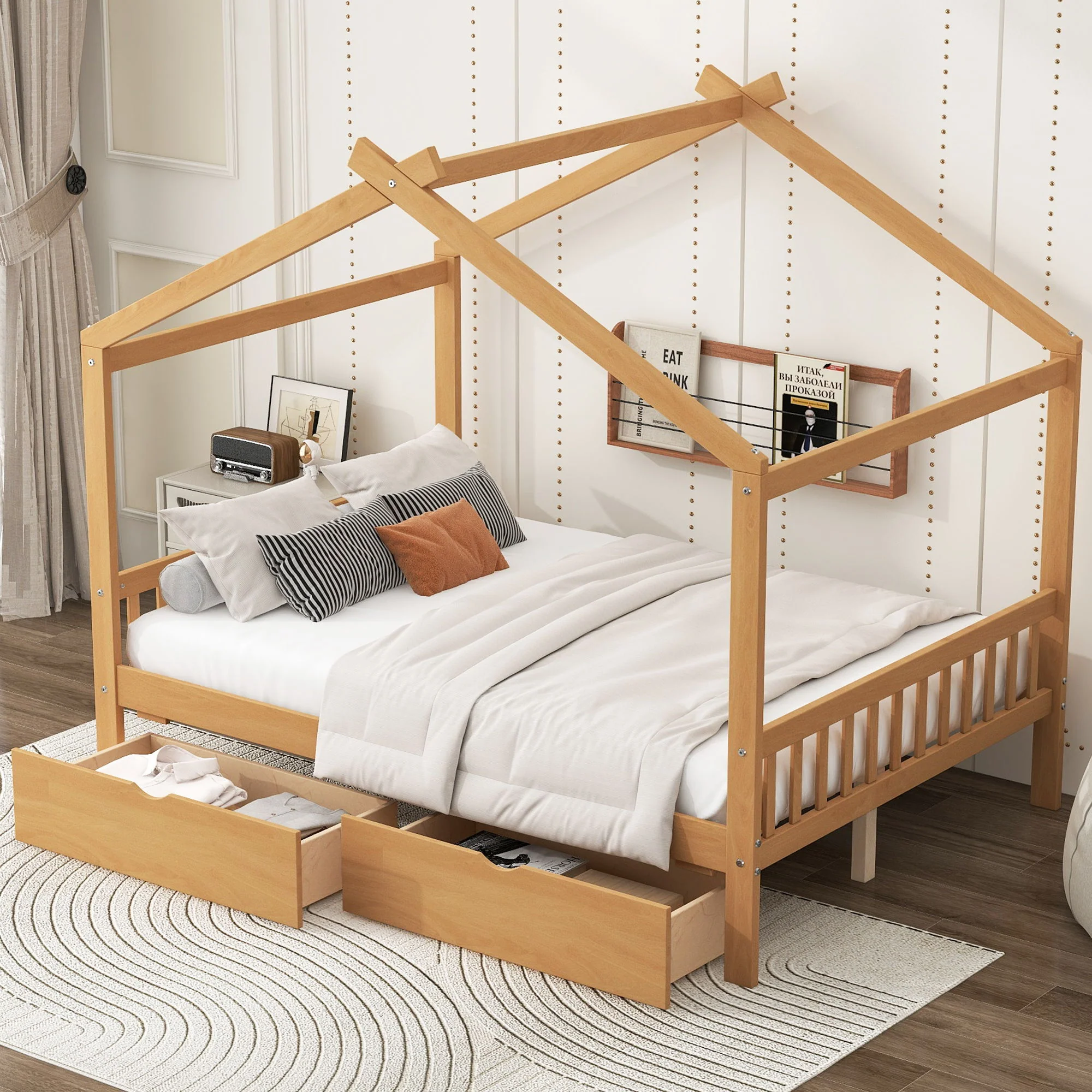 House Style Platform Bed With Headboard, Footboard, 2 Drawers, And Roof Design - Image 4