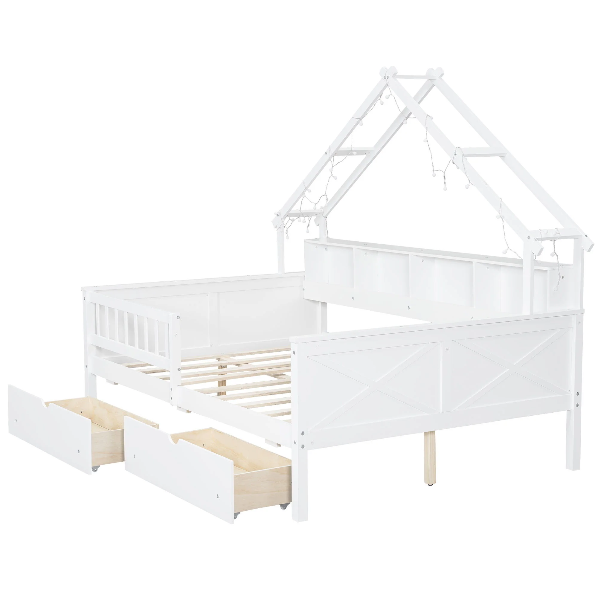 House Style Platform Bed With LED Lights, Storage Shelves, Drawers, And Guardrail - Image 7