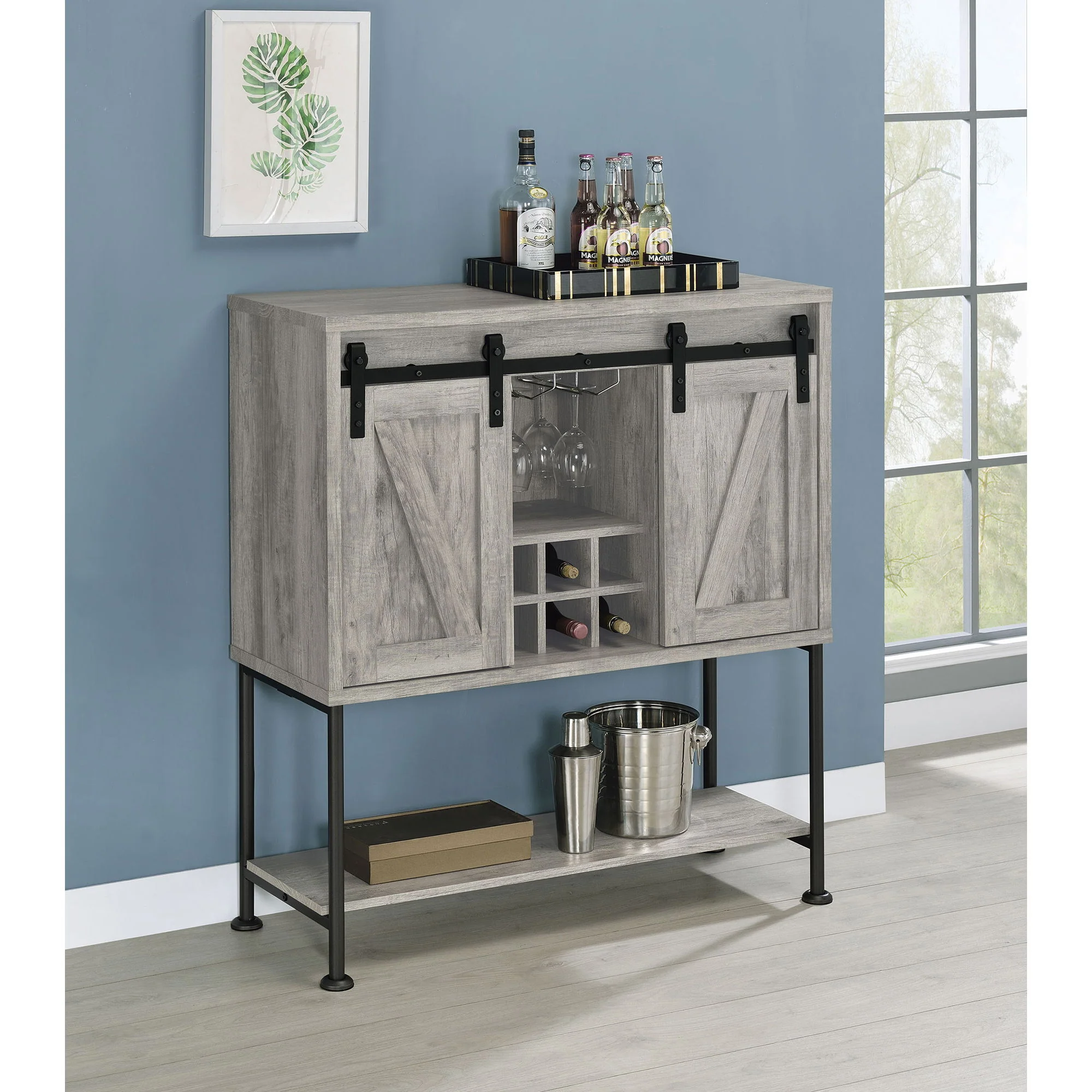 Hovander - Sliding Door Bar Cabinet - Gray - Image 6