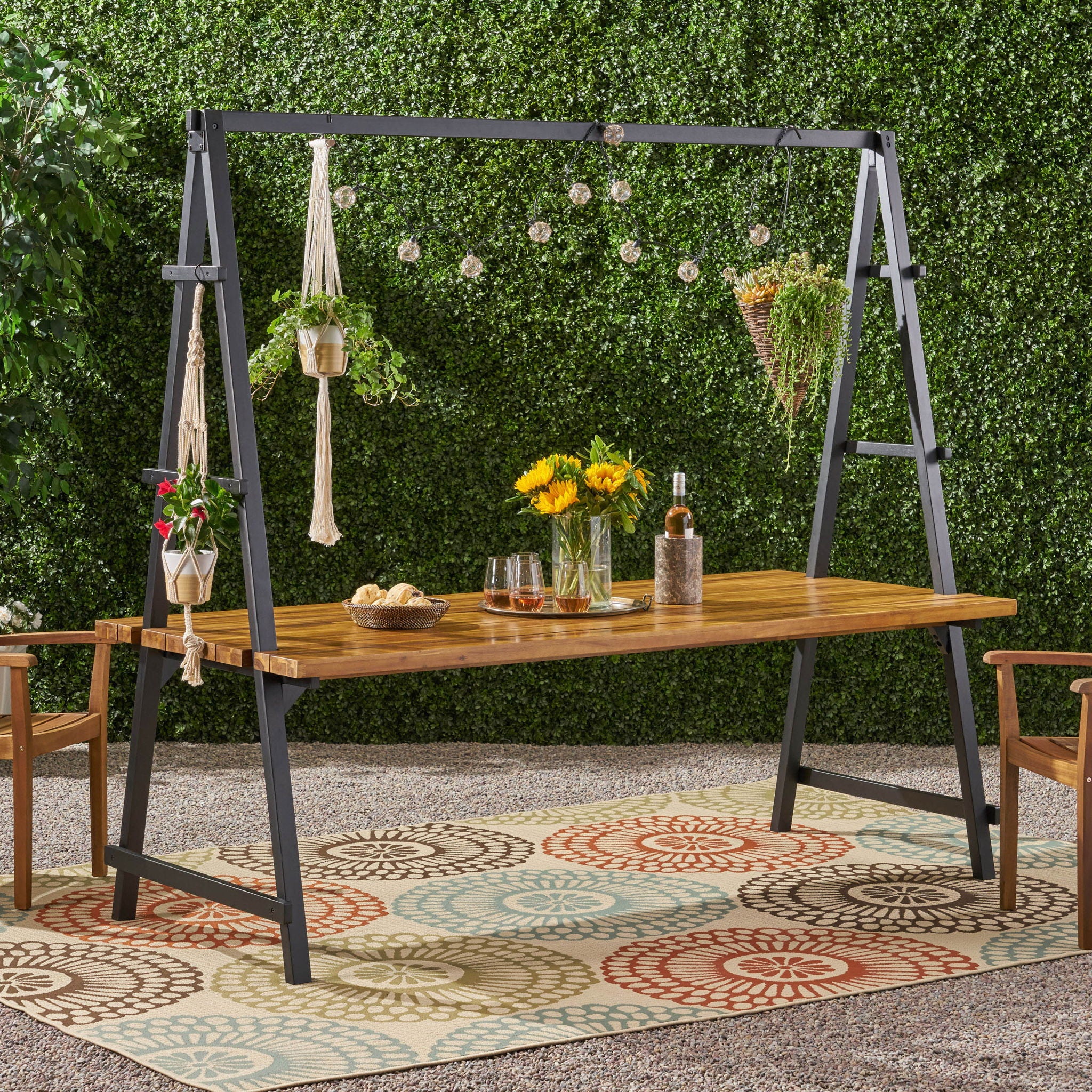 Huckleberry - Acacia Wood Outdoor Dining Table With Plant Hanger - Teak - Image 5