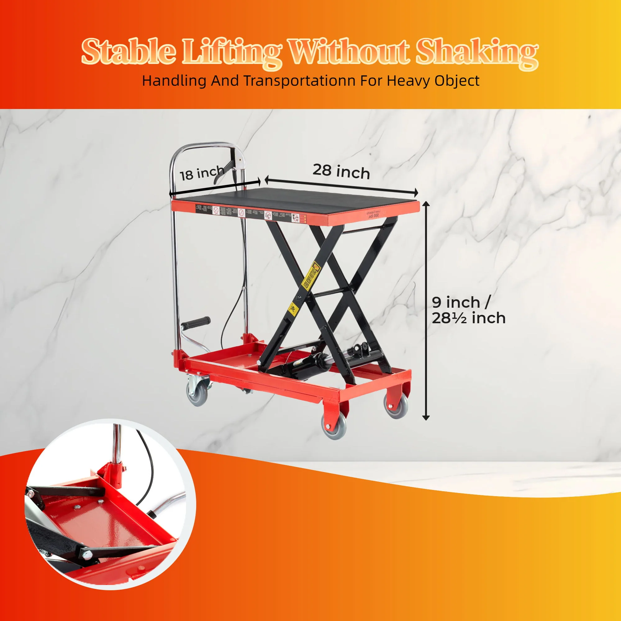 Hydraulic Lift Table Cart 500Lbs Load Red Single Scissor Lift With Non Slip Pads And Wheels - Red / Black - Image 6
