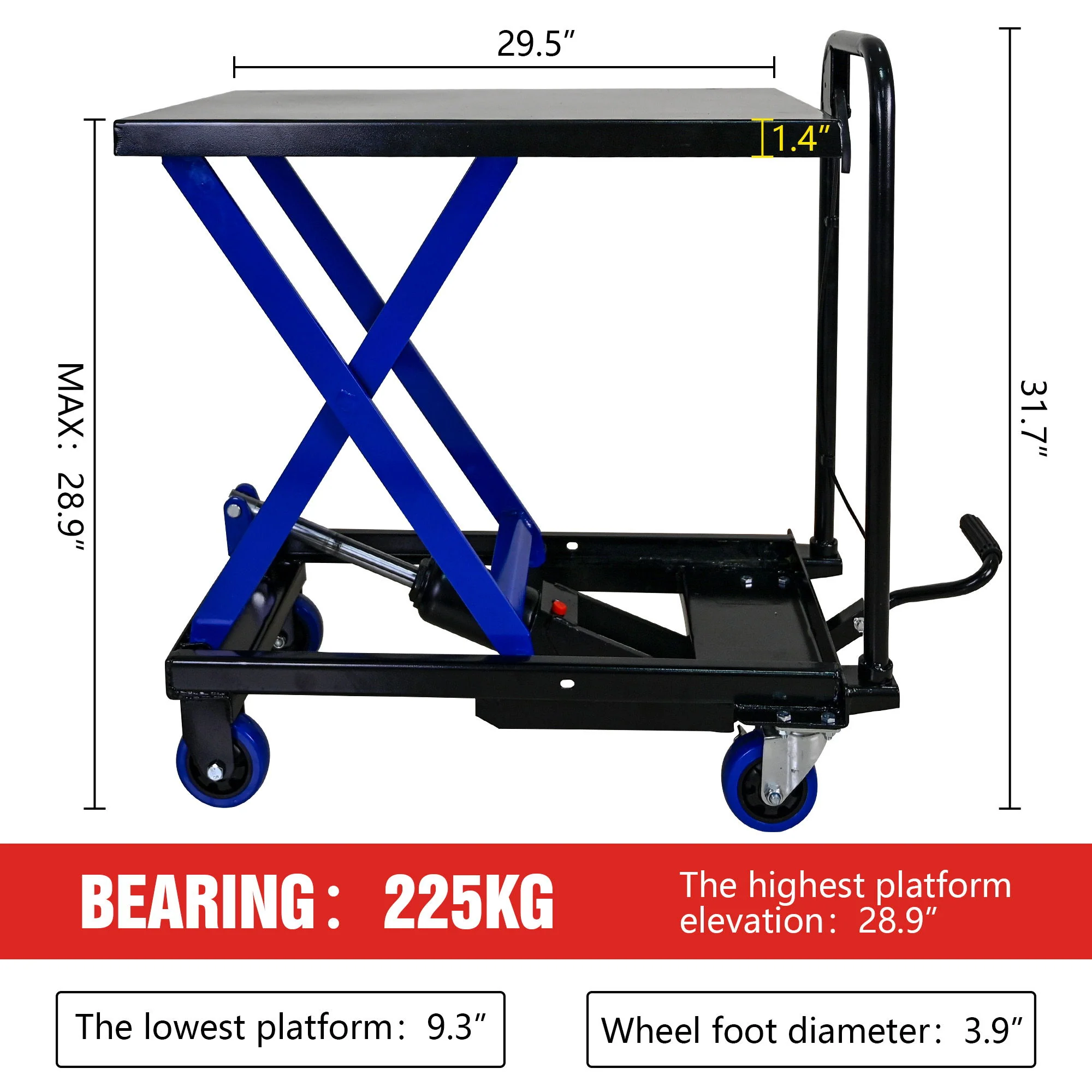 Hydraulic Lift Trolley, 500 Lbs Capacity, With 4 Wheels, For Material Handling And Transportation - Black / Blue - Image 9
