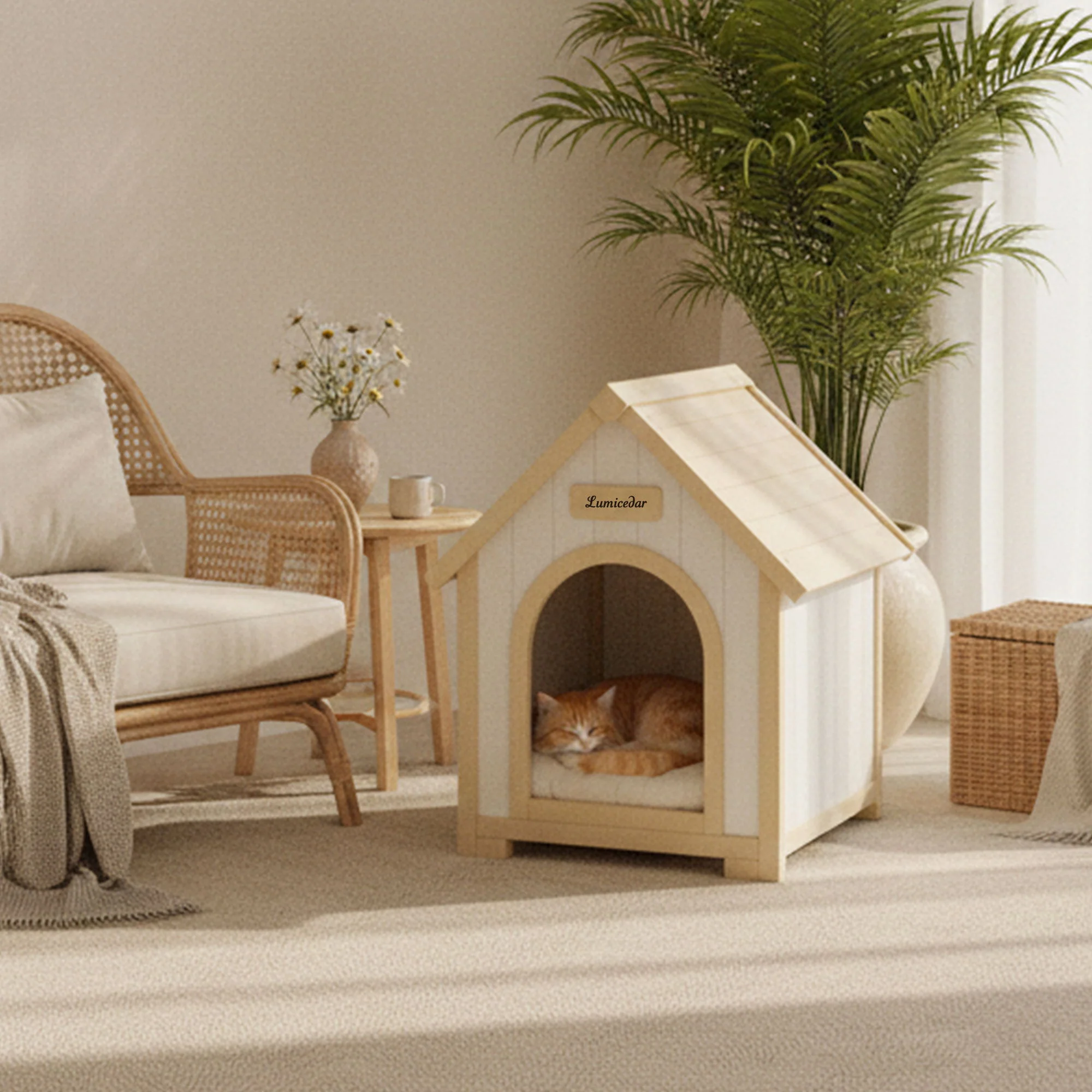 Indoor Dog House With Cushion Pet House For Small Dogs & Cats - Creamy White / Light Yellow - Image 3
