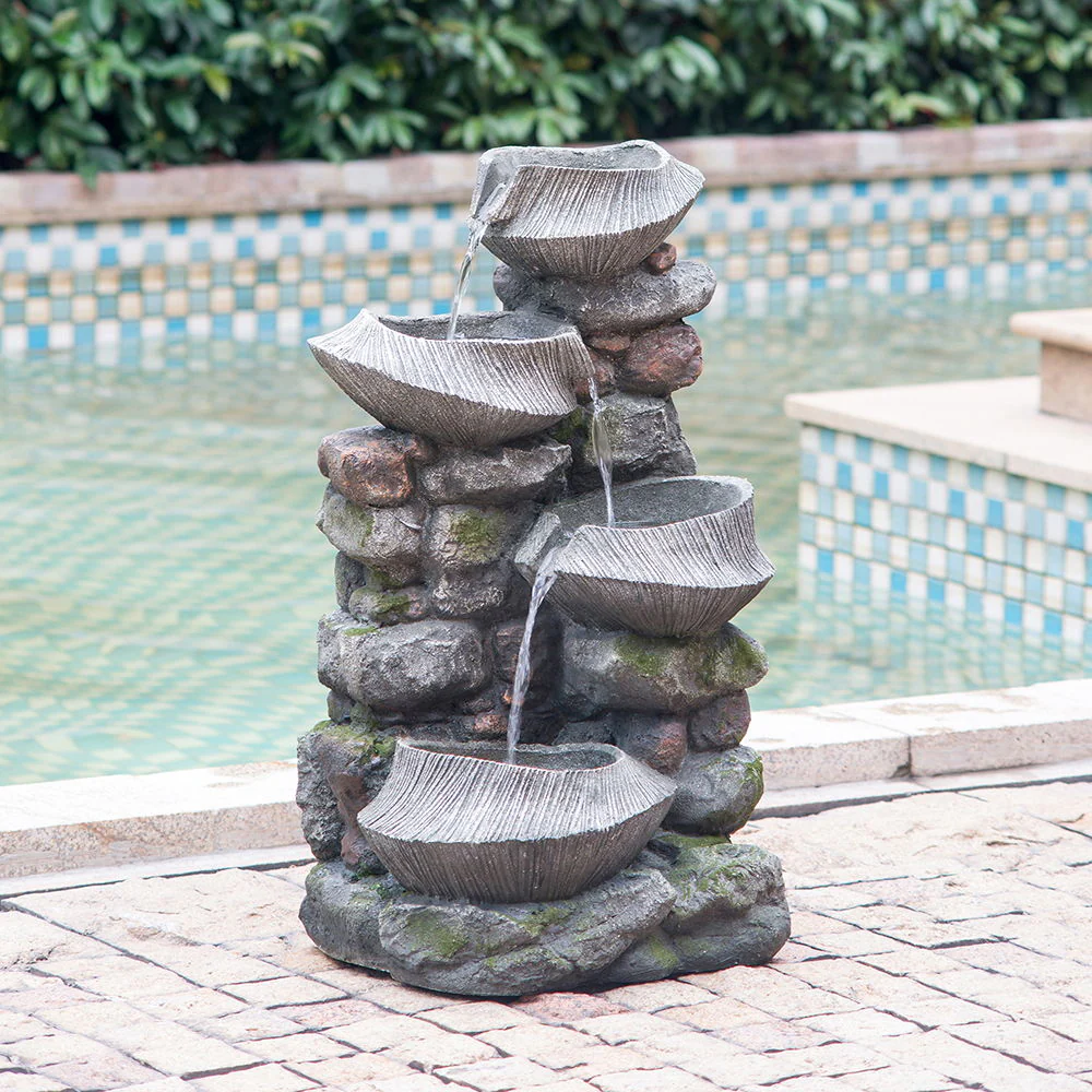 Indoor Outdoor Stone Water Fountain, 4 Tier Polyresin Cascading Rock Bowl Freestanding Fountain With LED Ligh - Gray - Image 2