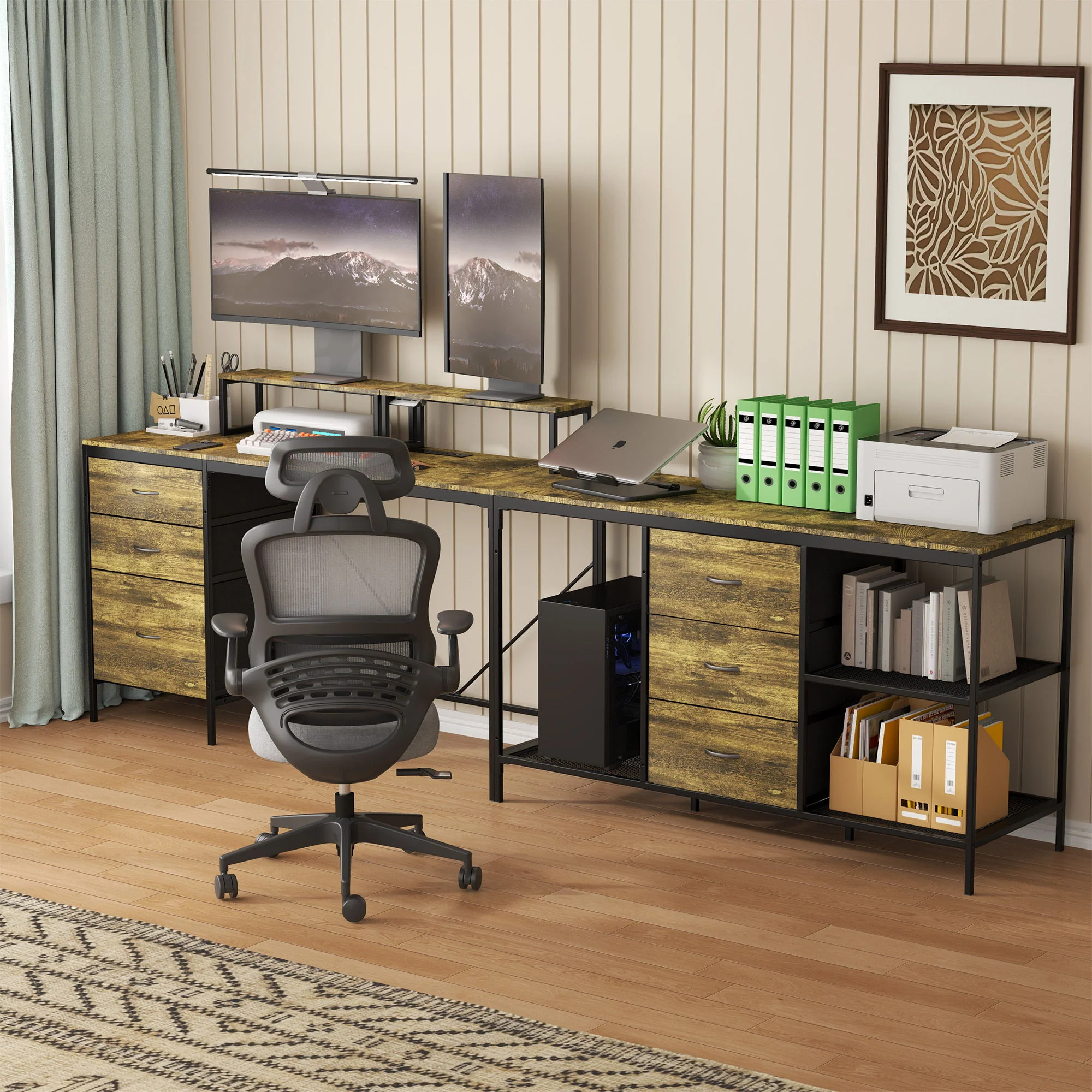 Industrial L Shaped Desk With Power Hub With 6 Drawers And Adjustable Monitor Stands - Brown - Image 3