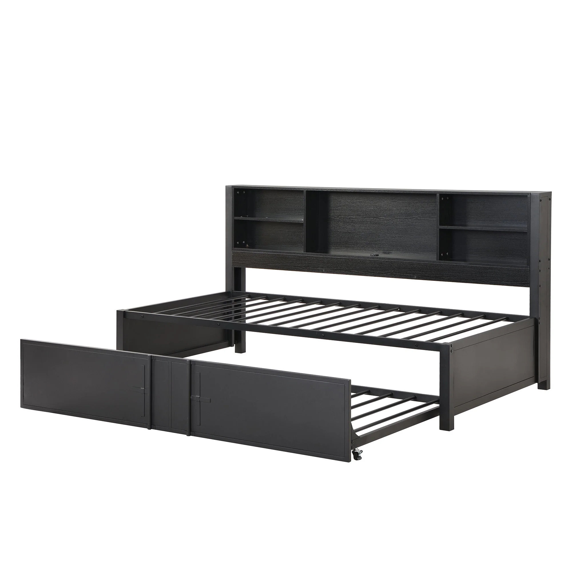 Industrial Metal Daybed With Trundle, Storage Shelves, USB Ports - Image 14