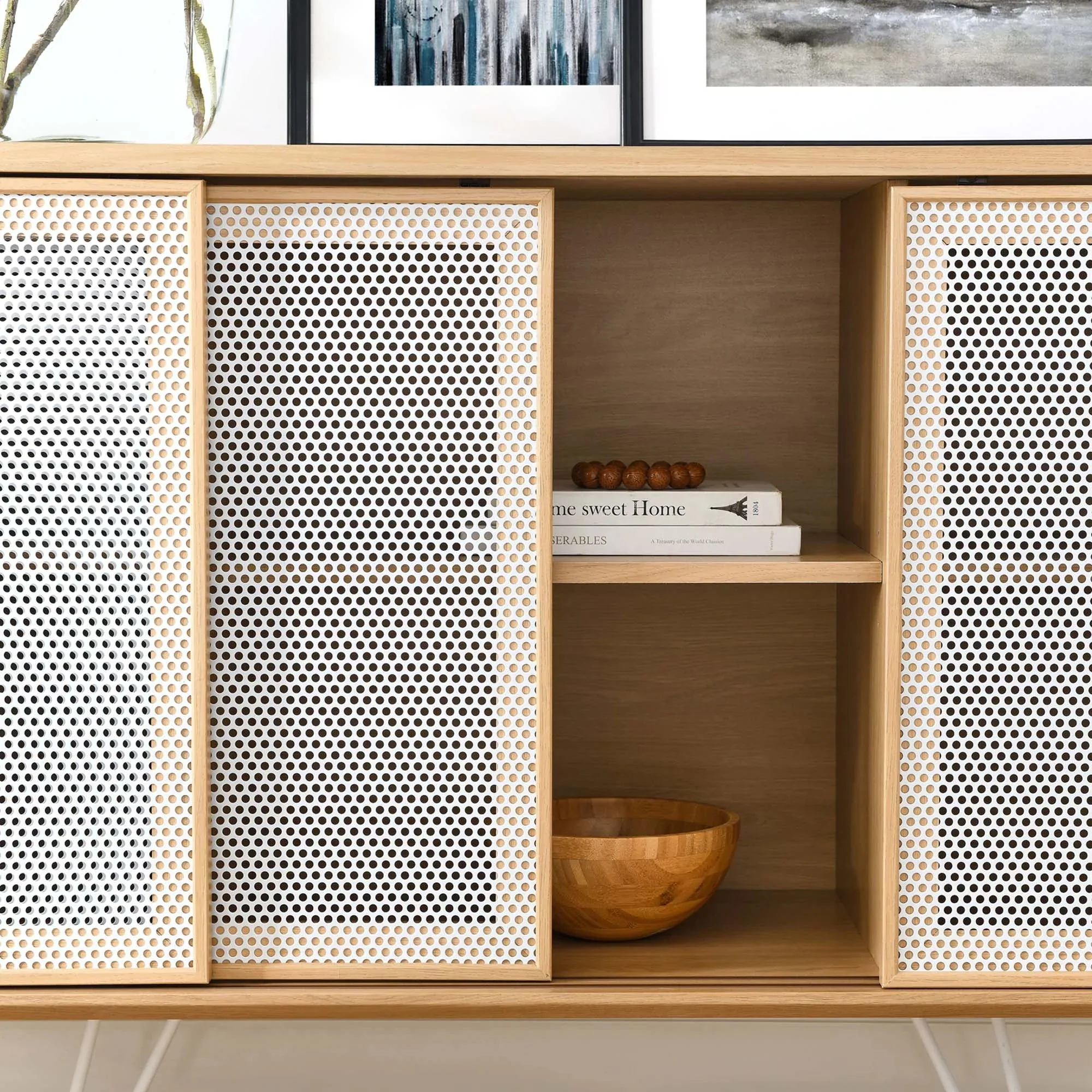 Industrial Metal Mesh 3-Door Sideboard – Wood Grain 59 Inch - Image 4