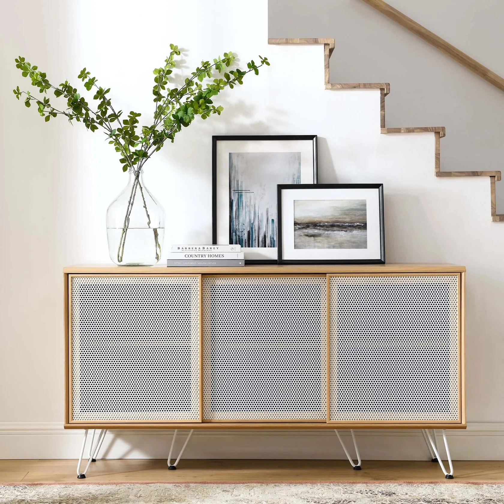 Industrial Metal Mesh 3-Door Sideboard – Wood Grain 59 Inch - Image 8