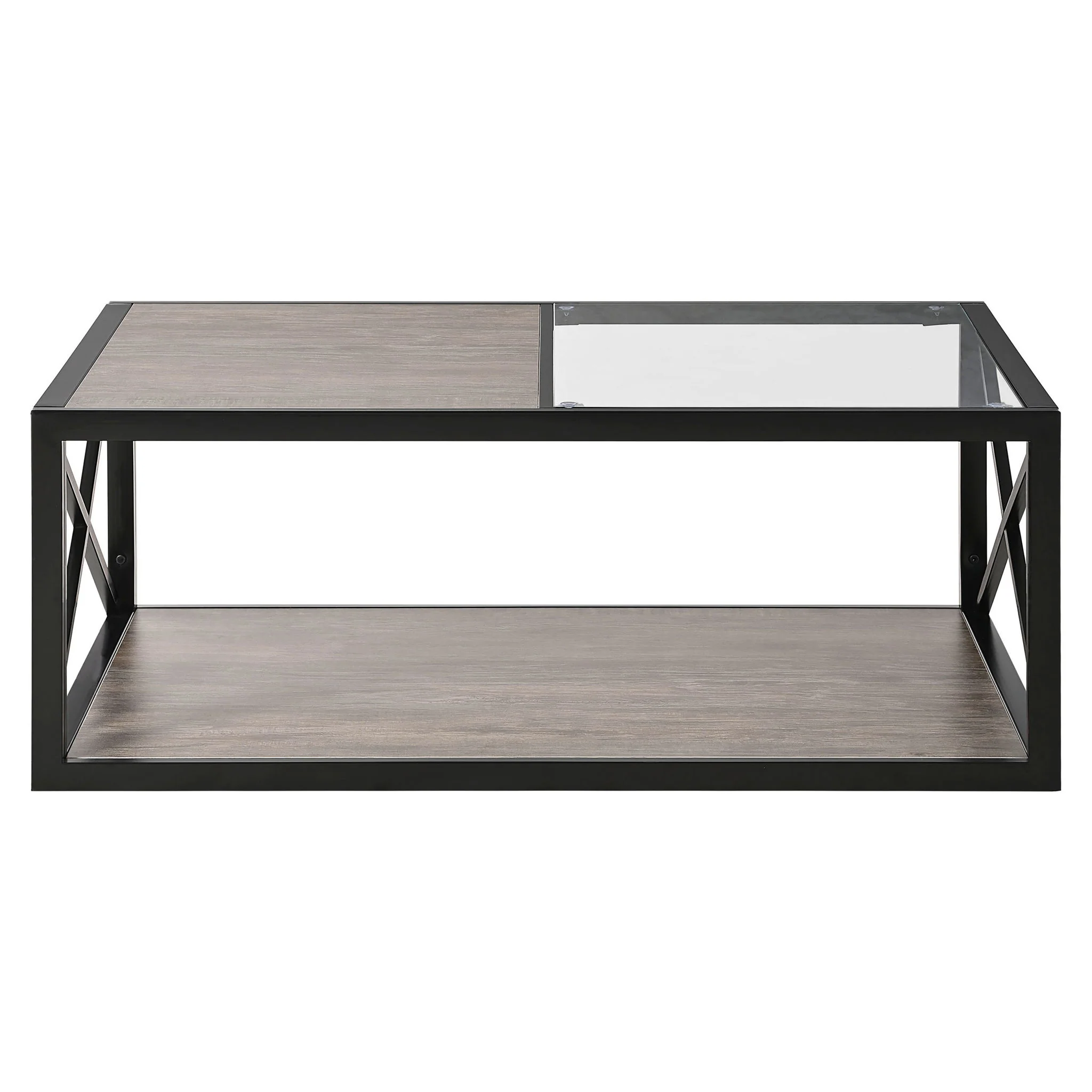 Industrial Style Coffee Table For Bedroom & Living Room With Tempered Glass & Wood Grain - Wood - Image 5