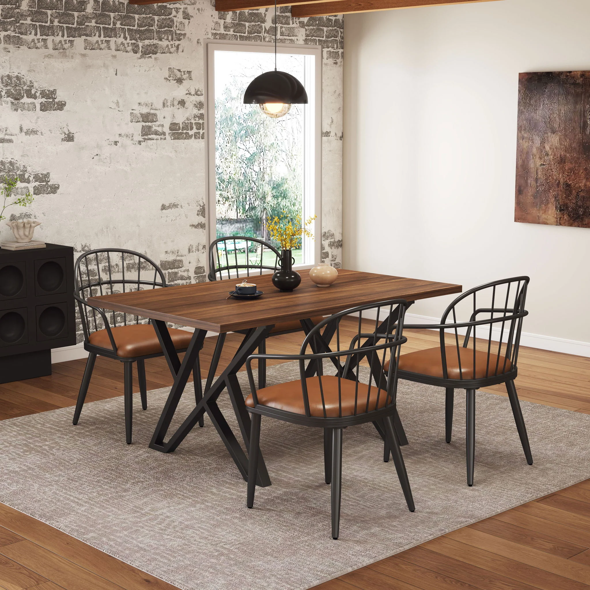 Industrial Style Indoor Dining Table With Metal Legs - Walnut / Black - Image 4