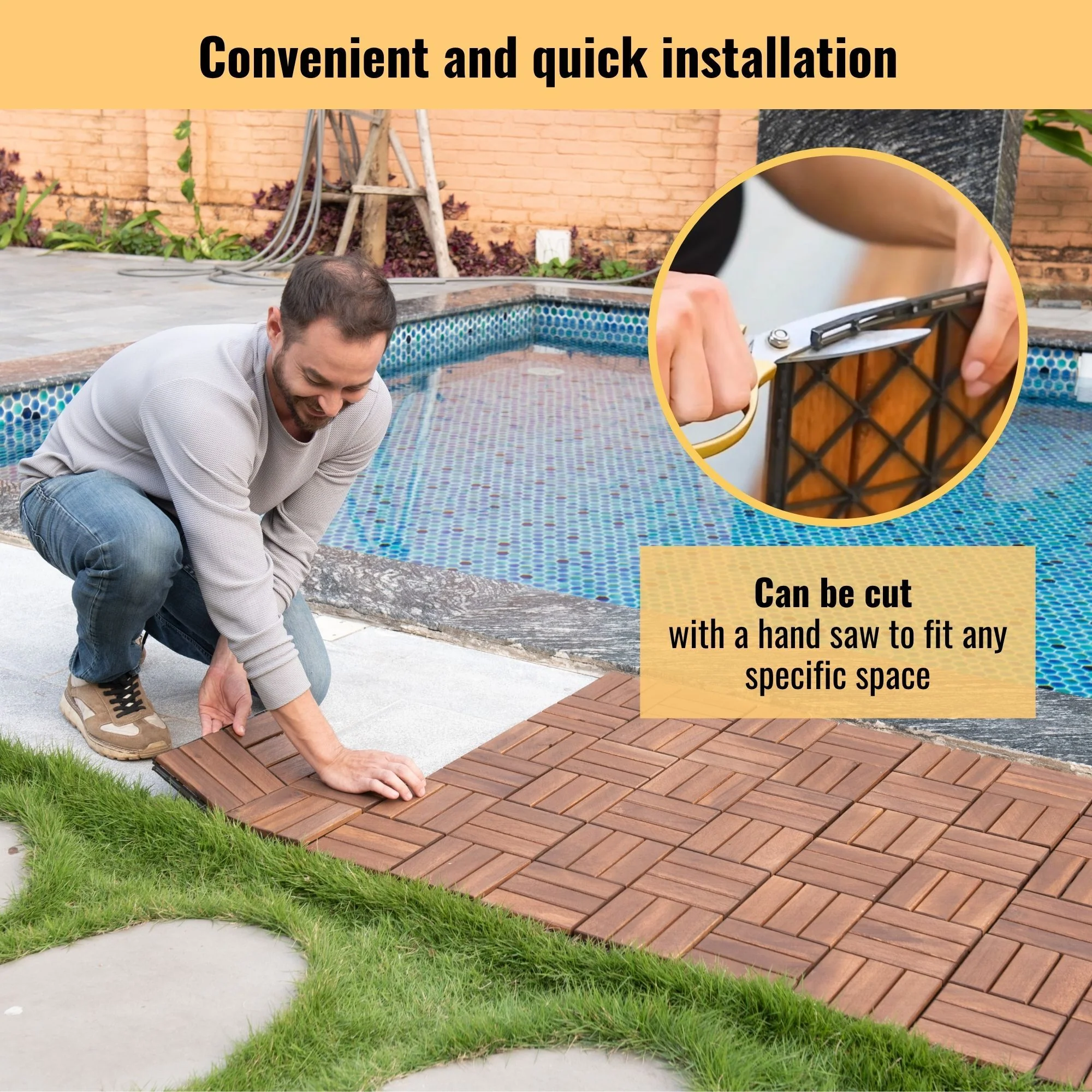 Interlocking Deck Tiles Checker Pattern, Square Acacia Hardwood Outdoor Flooring For Patio, Bancony, Pool Side - Image 10