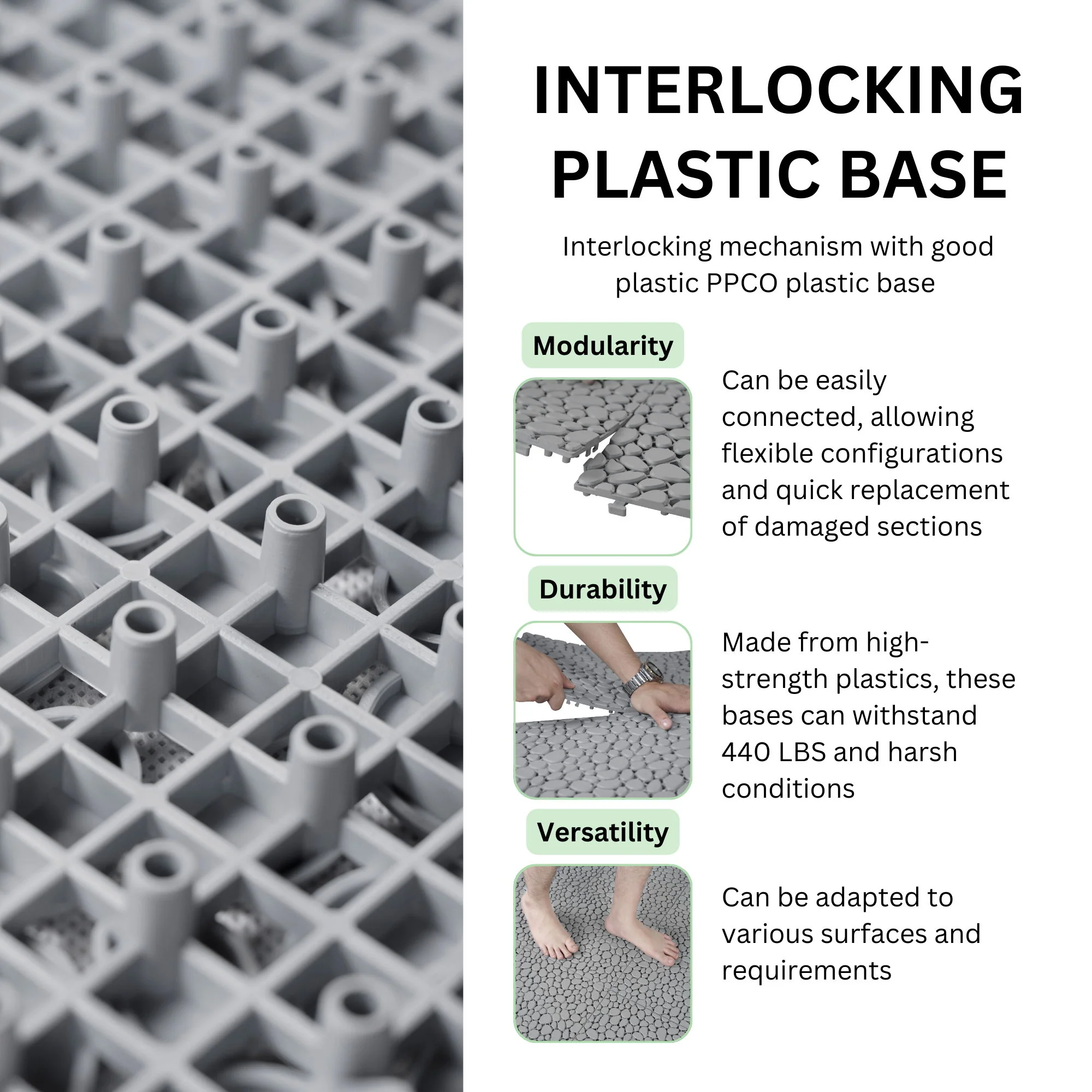 Interlocking Deck Tiles Plastic Waterproof Outdoor All Weather Anti-Slip Bathroom Shower Balcony Porch Strong Weight Capacity Upto 440 Lbs, Pebble Stone Pattern - Image 13