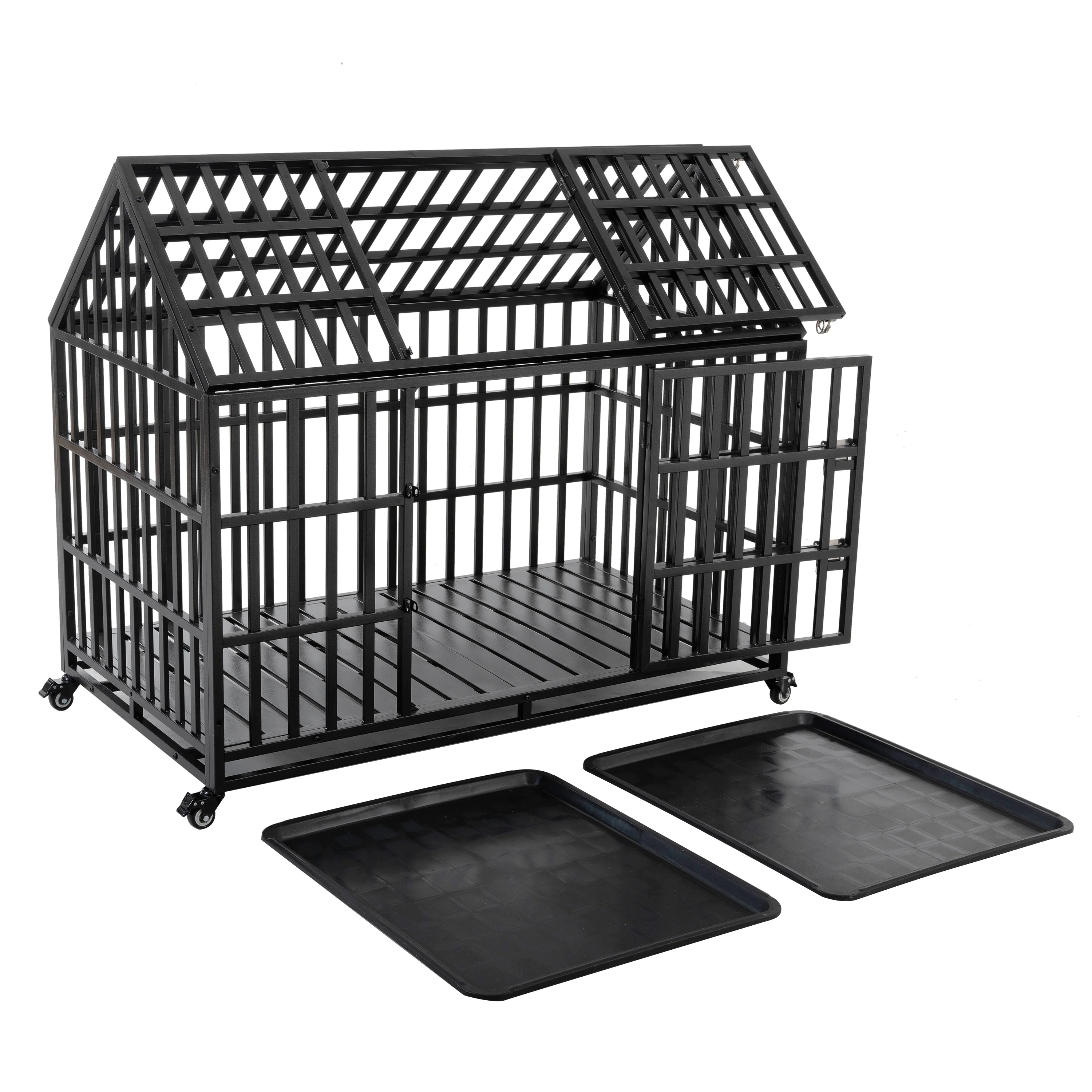 Ironclad Heavy Duty Carbon Steel Dog Crate with Roof Access, Lockable Wheels, and Hammertone Finish - Image 58