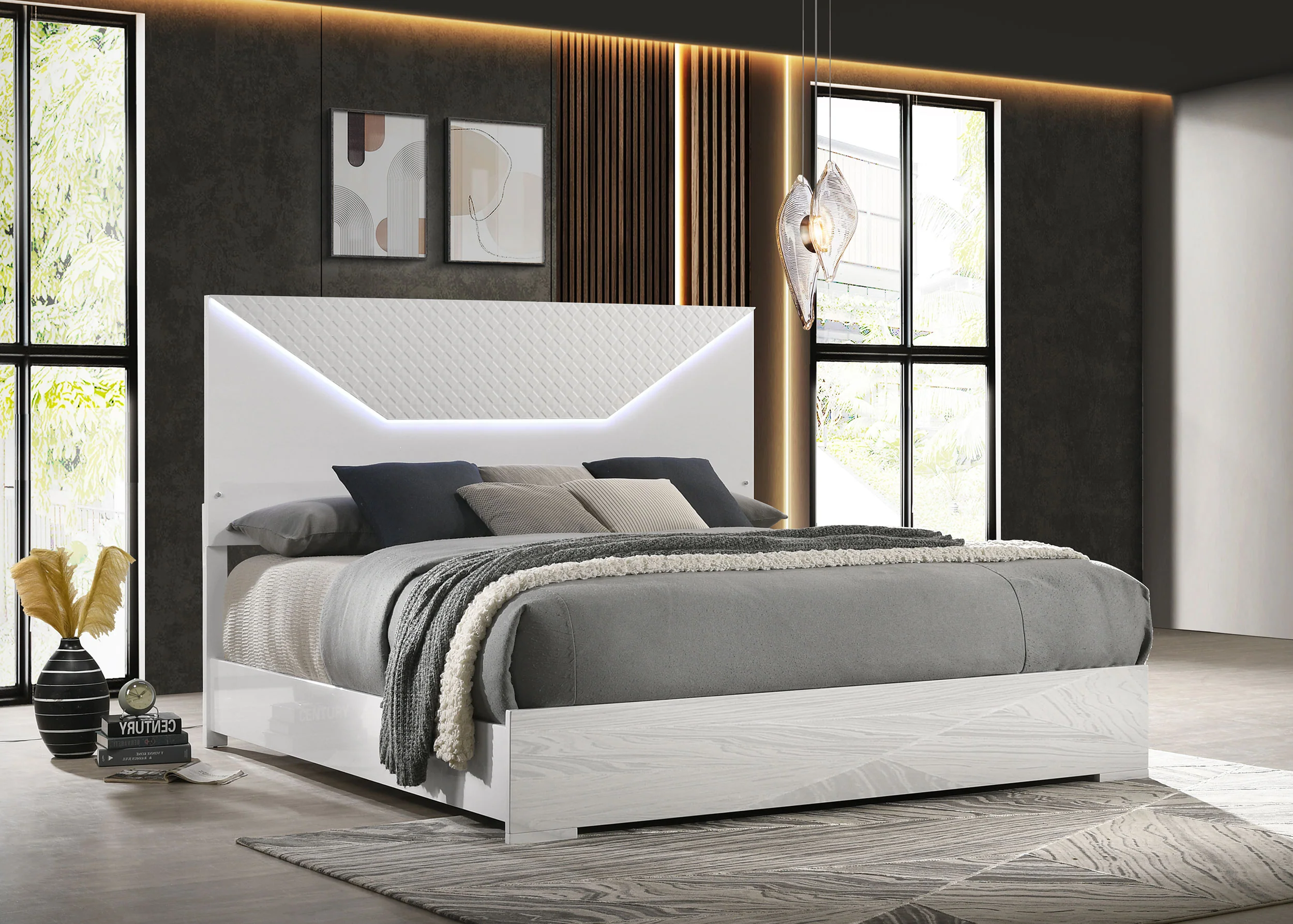 Ives Eastern King Panel Bed LED Headboard White High Gloss - Image 4