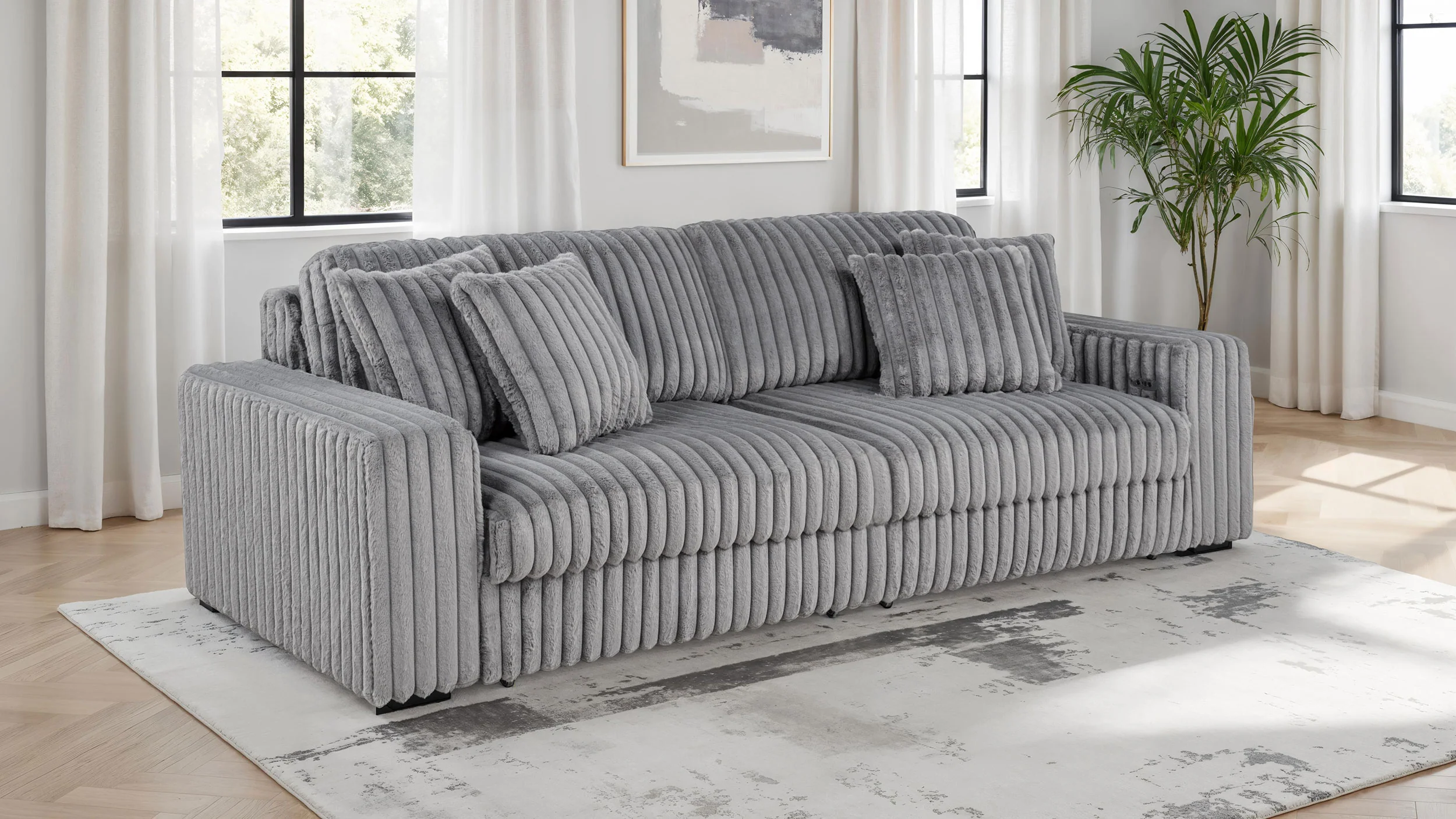 Jacana Corduroy Upholstered Dual Power Chaise Sofa Grey - Image 4