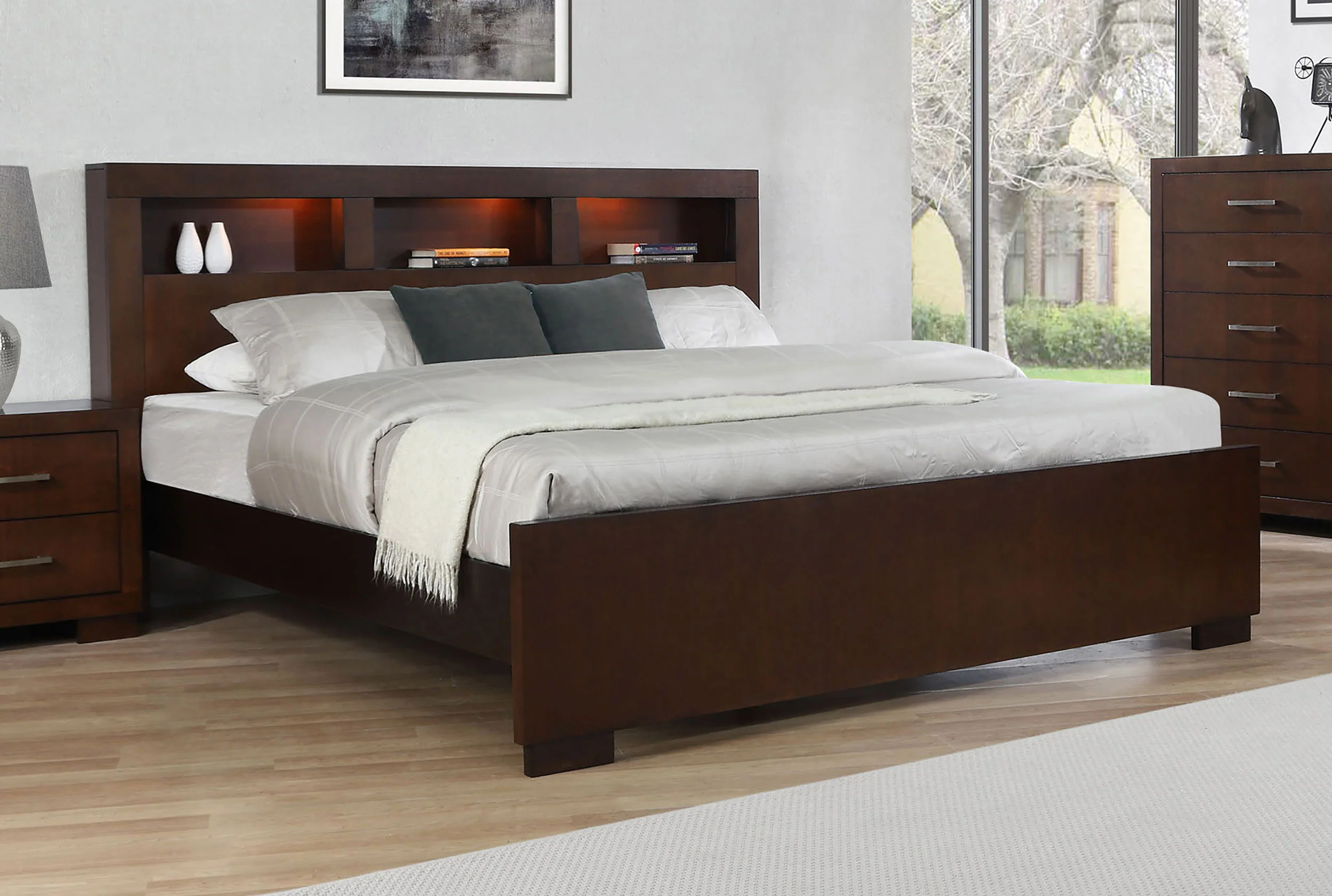 Jessica Eastern King LED Storage Bookcase Bed Cappuccino - Image 5