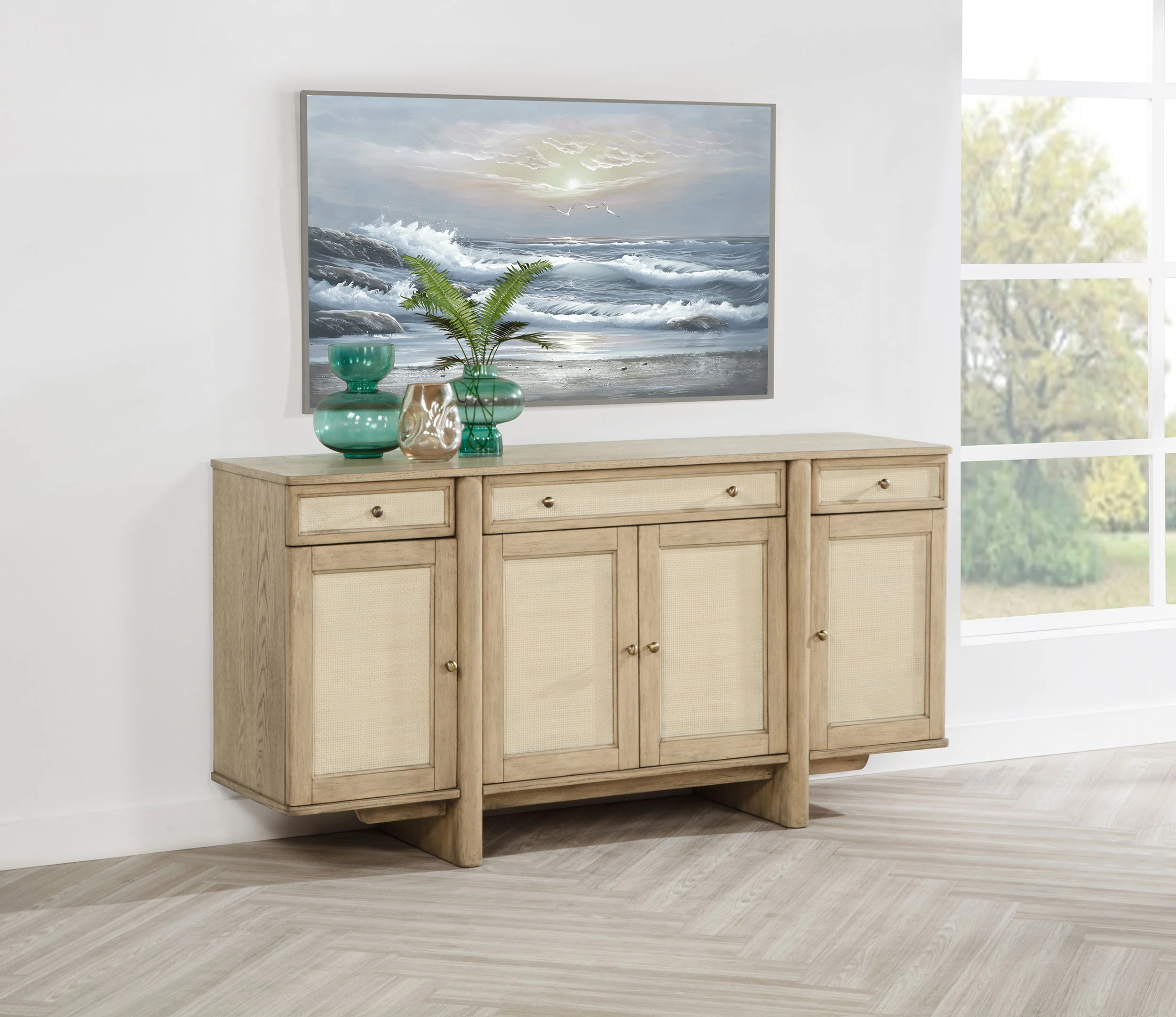 Kailani 4-Door Cane Sideboard Buffet Cabinet in Beige Oak - Image 4