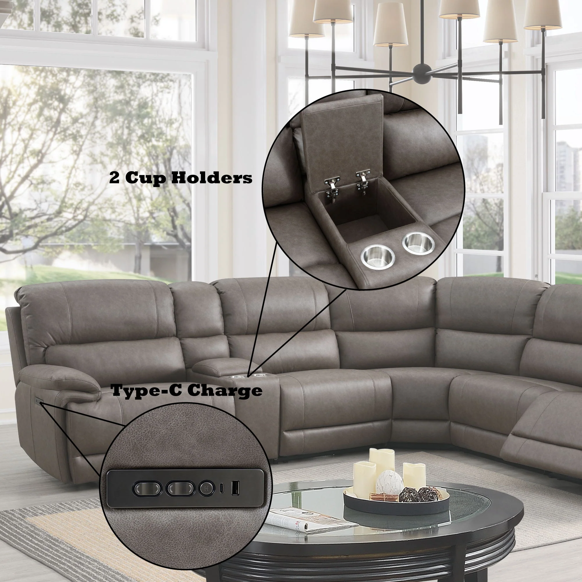 Kantu - Synthetic Leather Motion Sectional Sofa - Brown - Image 4