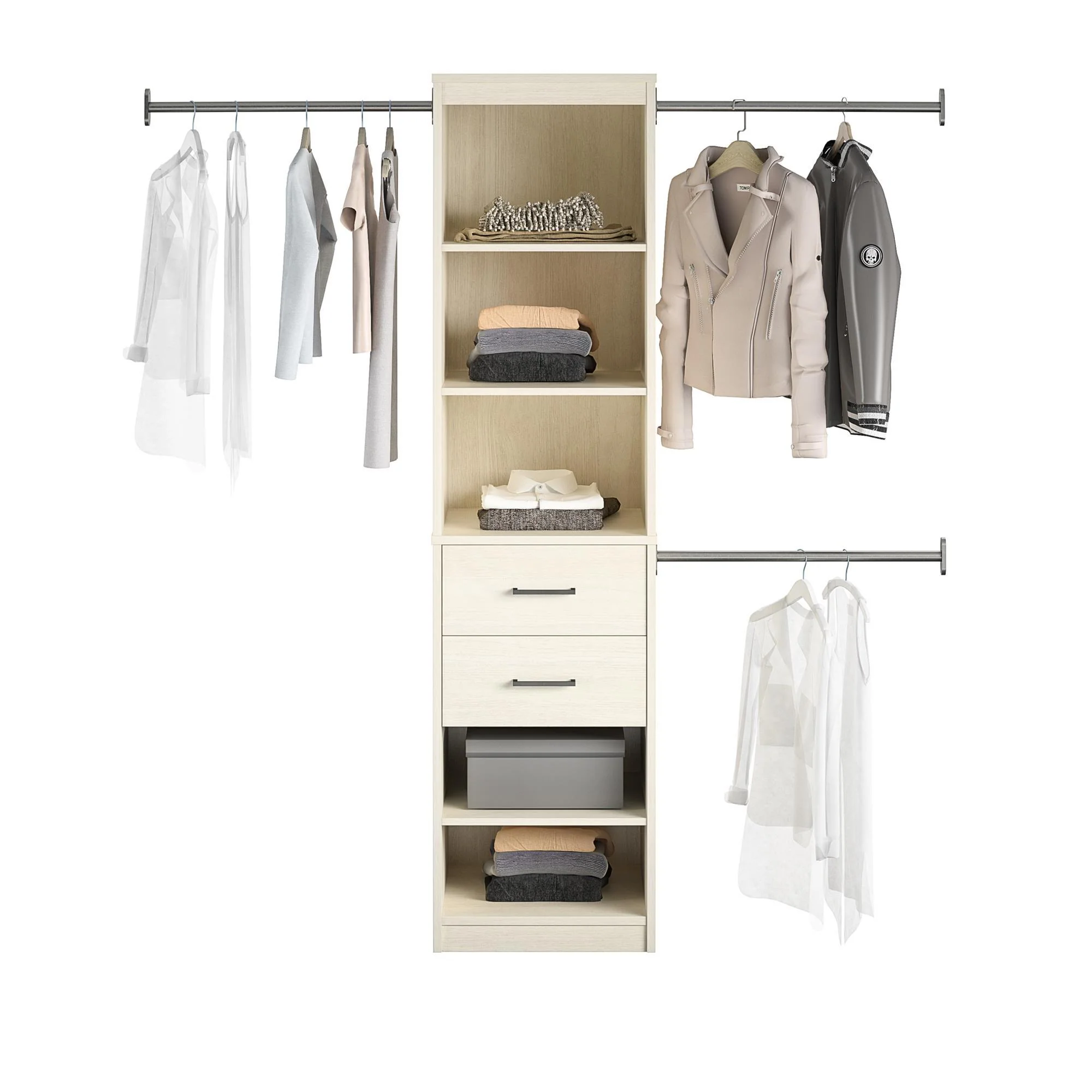 Kelly - 5 Shelf 2 Drawer Closet Organizer With 3 Adjustable Hanging Rods - Ivory - Image 8