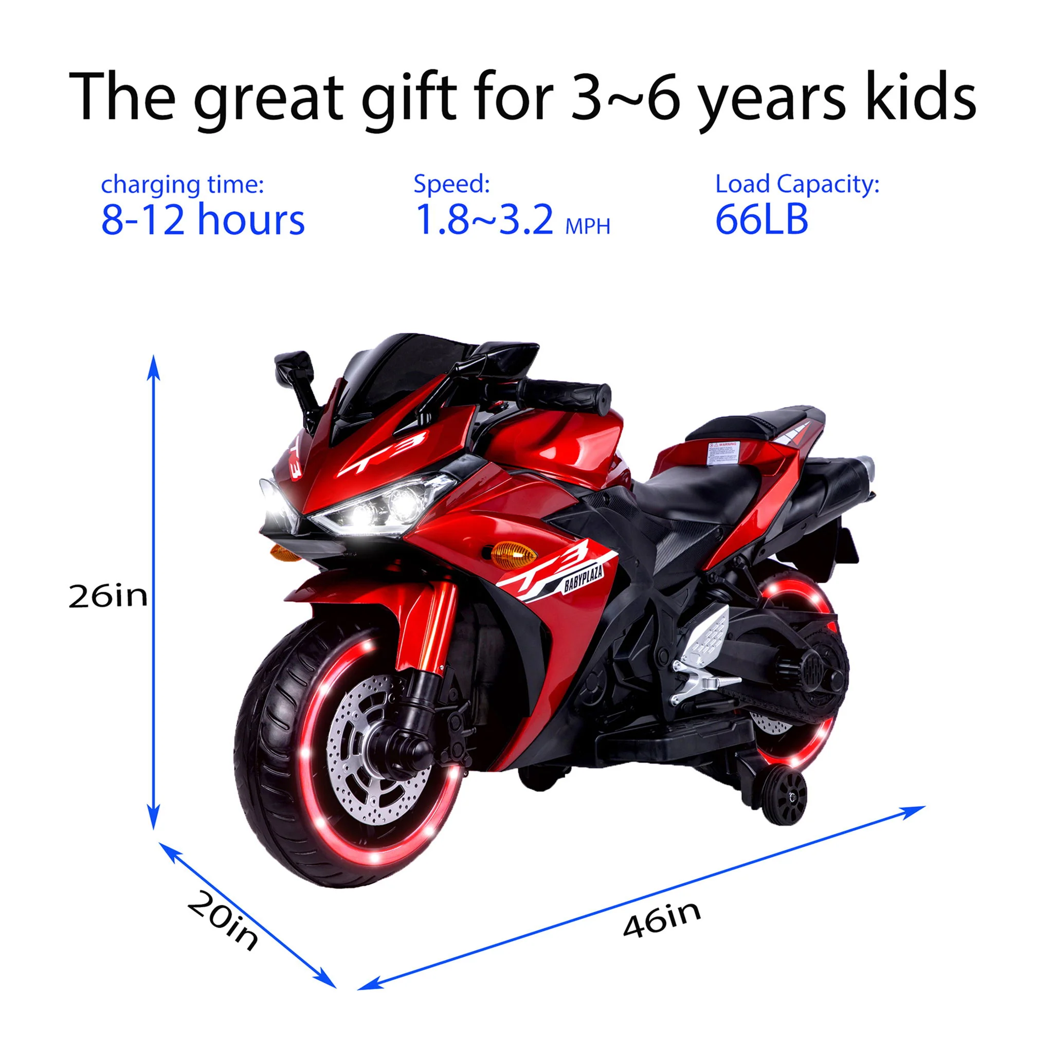 Kids 12V Motorcycle With Training Wheels, Manual Throttle, And Lighting Wheels For Boys And Girls Ages 3-6 - Red - Image 6